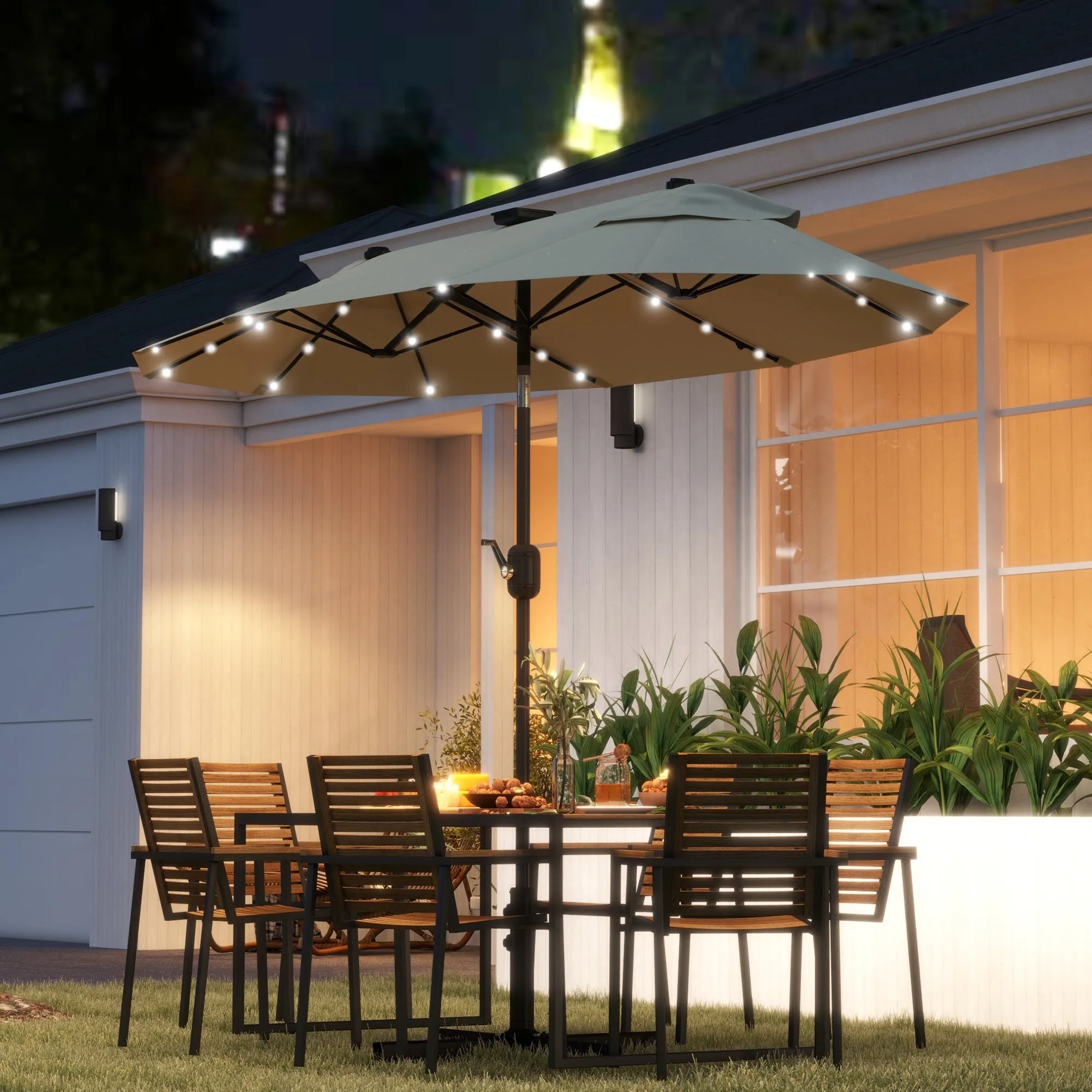 Double Parasol with LED Lights and Cross Base, in Polyester and Steel, 295x150x219 cm, Cream White - Image 2