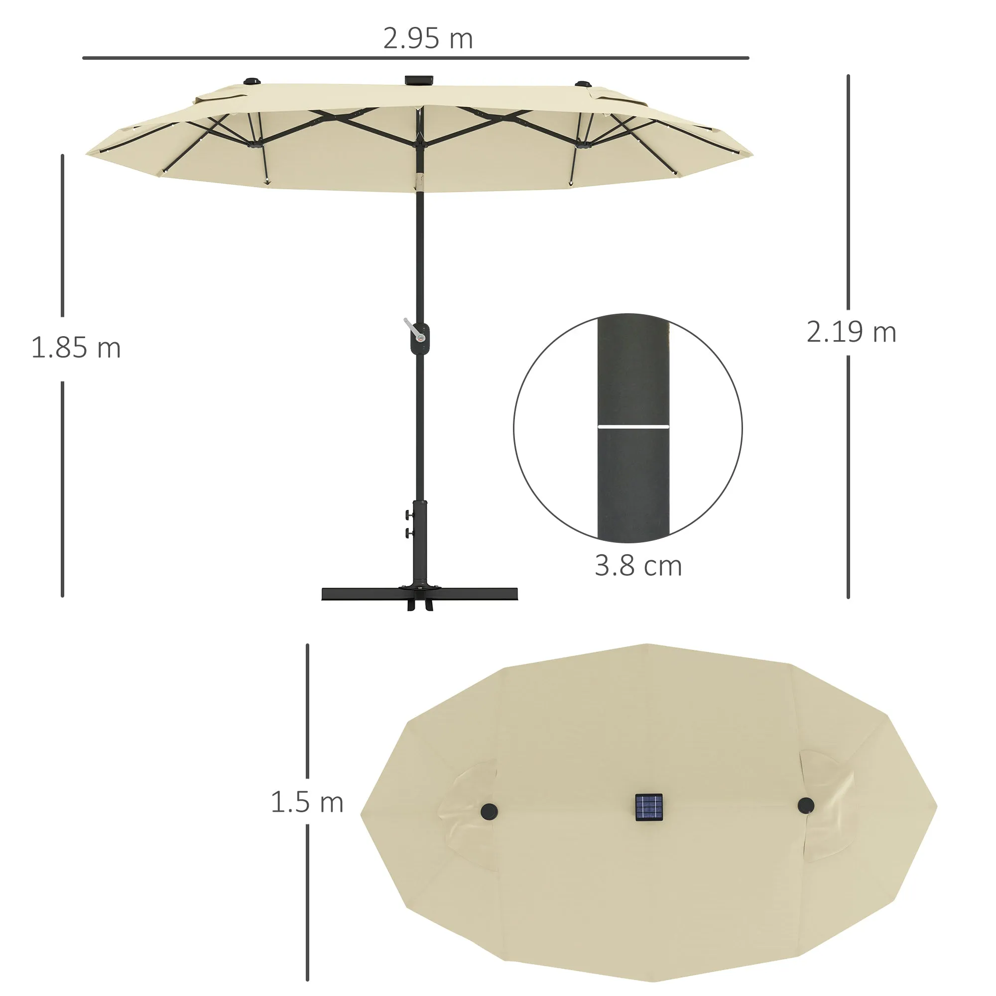 Double Parasol with LED Lights and Cross Base, in Polyester and Steel, 295x150x219 cm, Cream White - Image 3