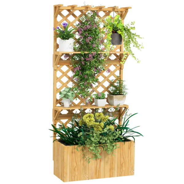 Planter with Trellis for Climbing Plants, Drainage Holes and 2 Shelves, in Fir Wood, 76x33x177 cm