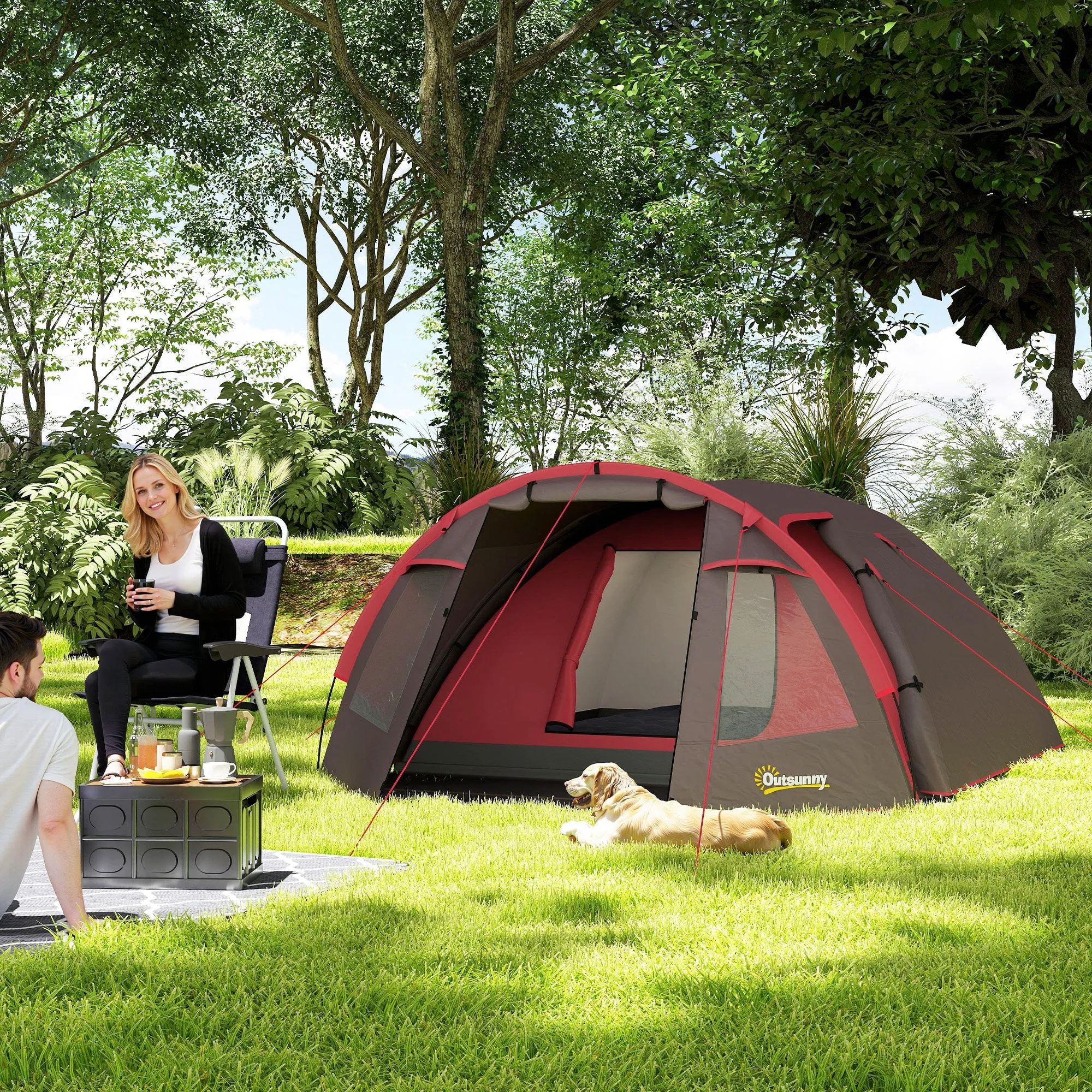 2-4 Person Camping Tent with Separate Rooms, Waterproof with Double Doors, Gray - Image 2