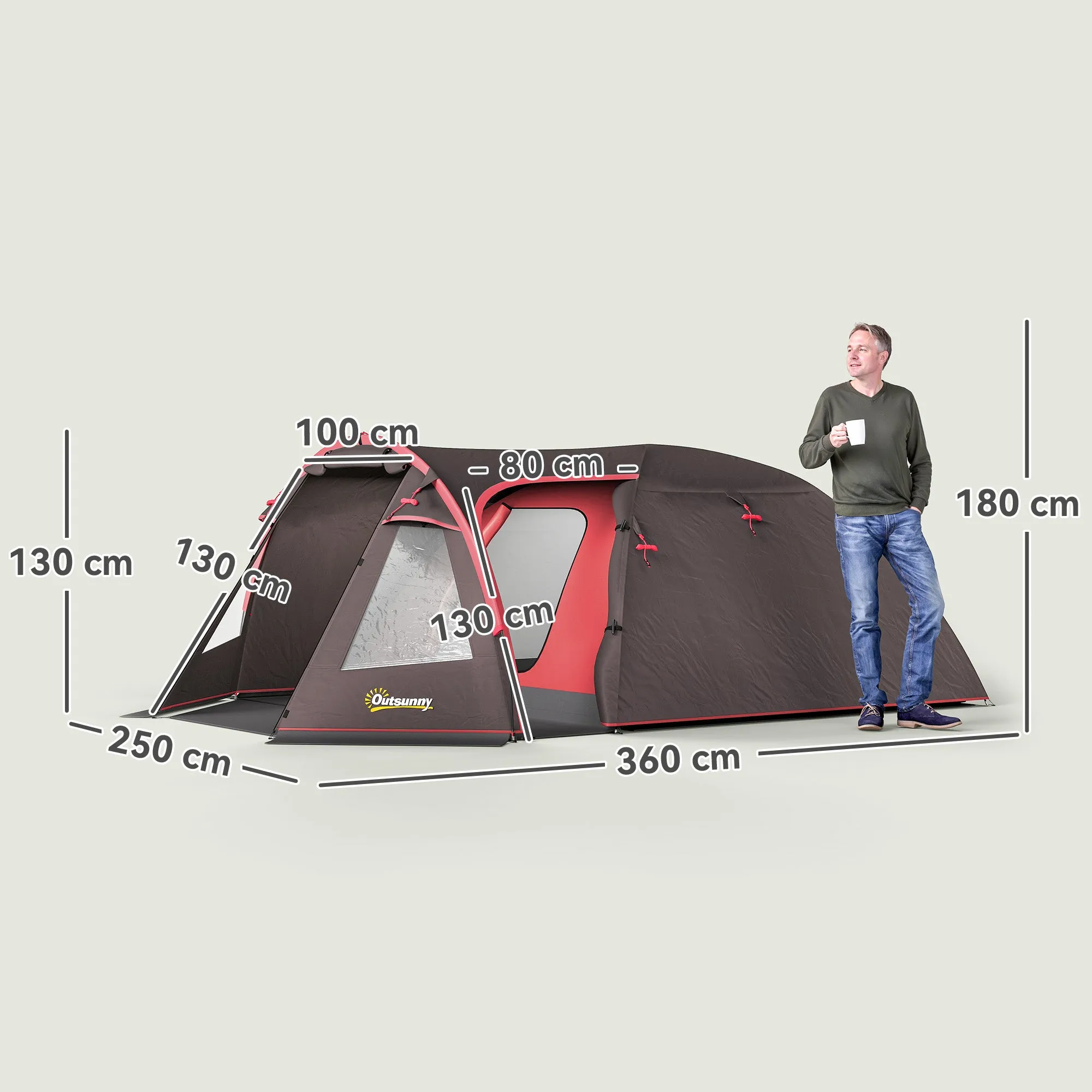 2-4 Person Camping Tent with Separate Rooms, Waterproof with Double Doors, Gray - Image 3