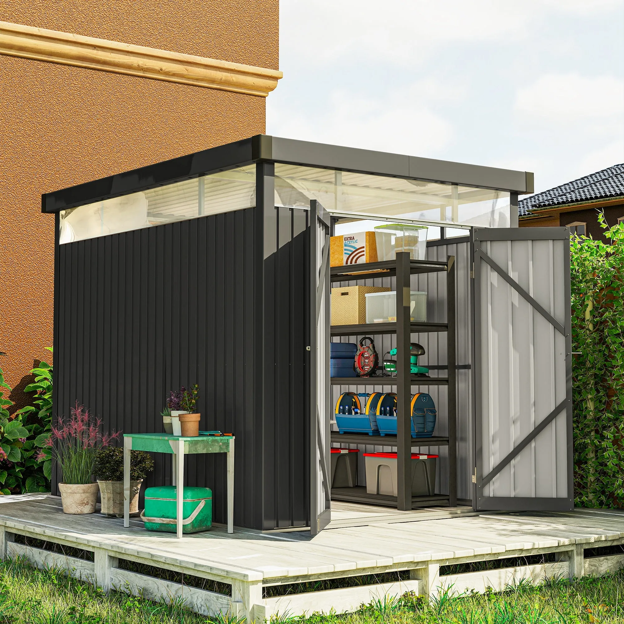 Garden Shed with Acrylic Skylight and Drainage Holes, Steel, 200x258x201 cm, Dark Gray - Image 2