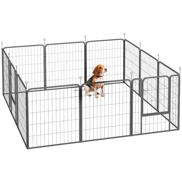 Dog Fence with 12 Modular Panels of 68x1.5x80cm in Black Steel with Entrance Door