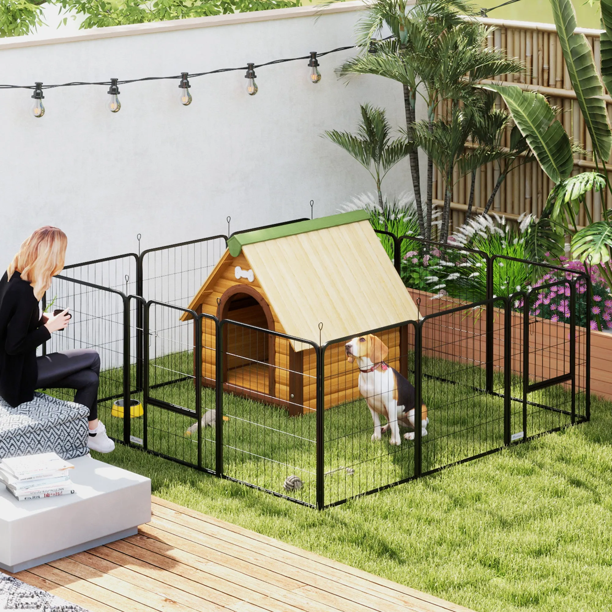 Dog Fence with 12 Modular Panels of 68x1.5x80cm in Black Steel with Entrance Door - Image 2