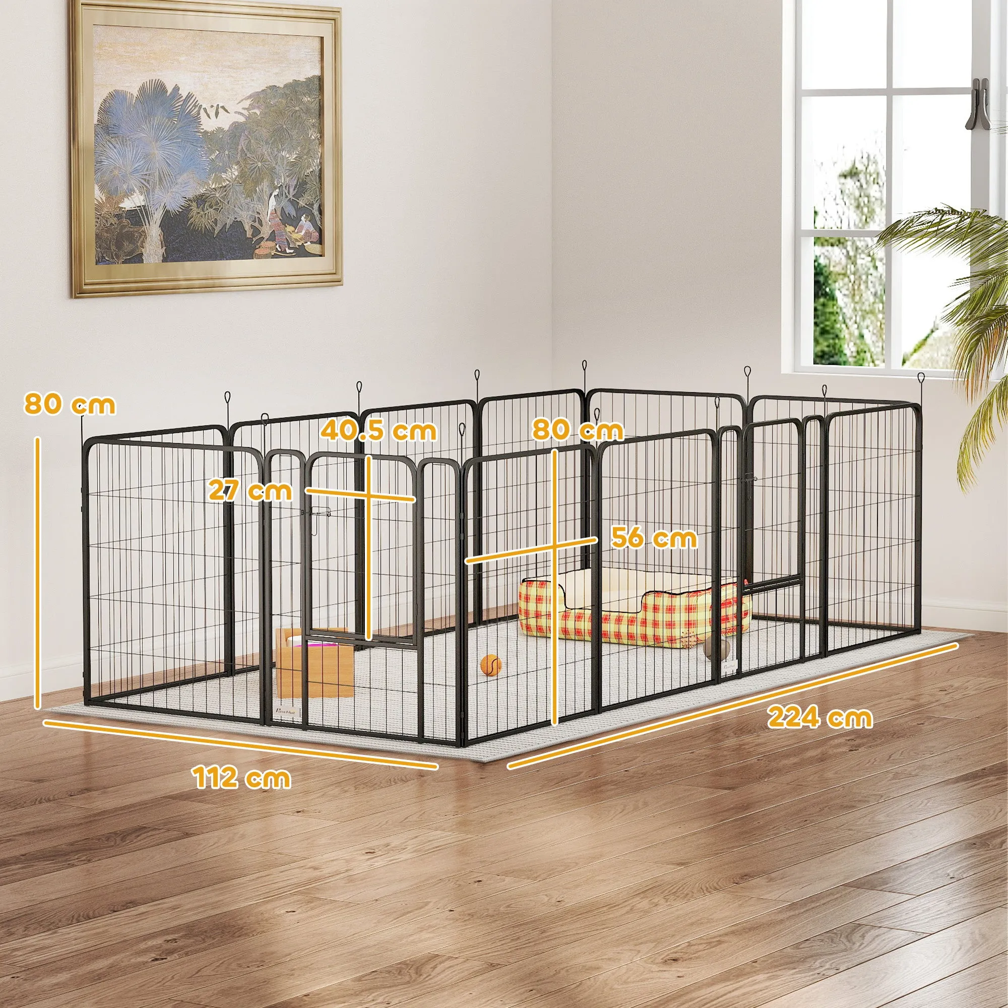 Dog Fence with 12 Modular Panels of 68x1.5x80cm in Black Steel with Entrance Door - Image 3