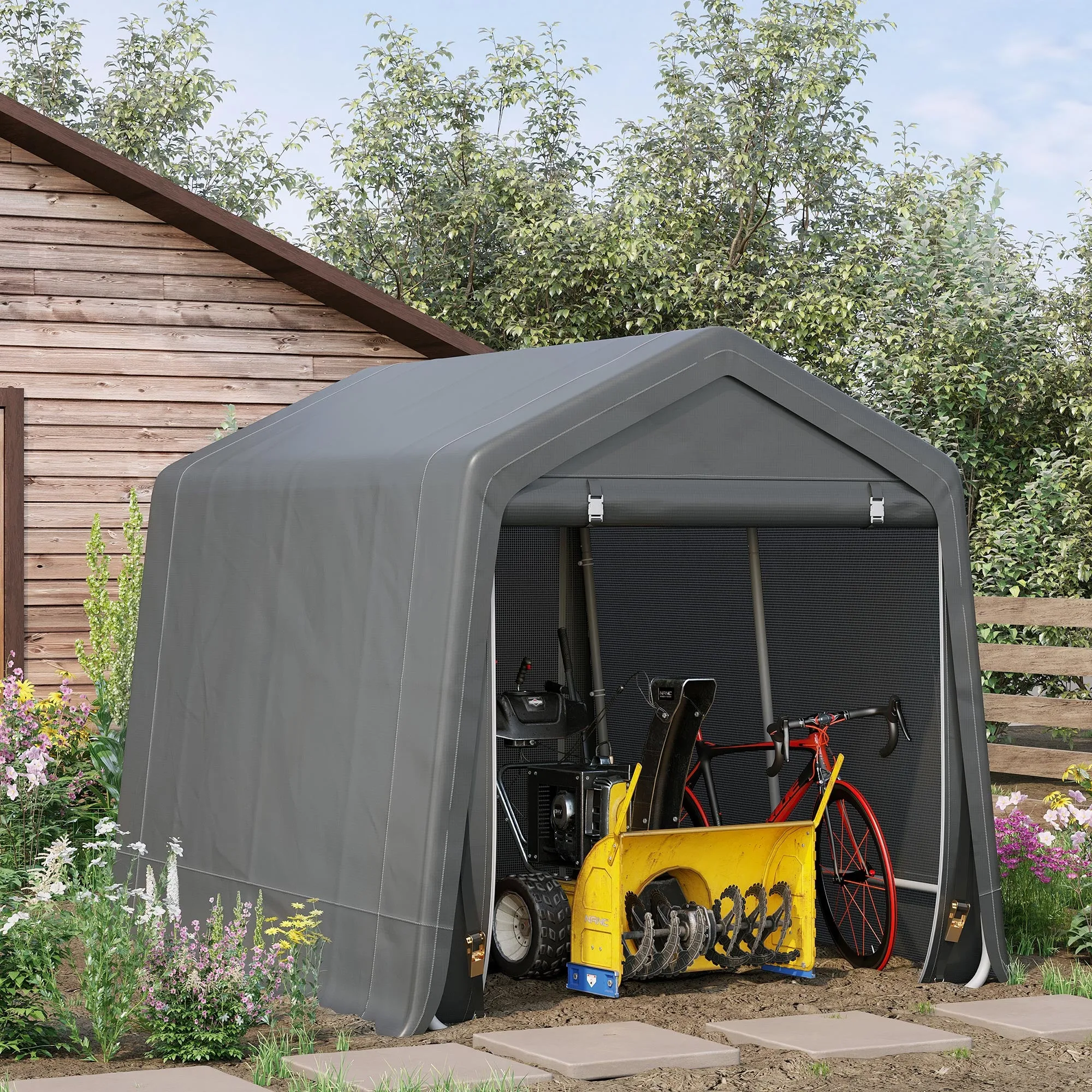 Garage Tent 2.4x2m for Vehicles and Bicycles in Metal and PE Fabric, Dark Gray - Image 2