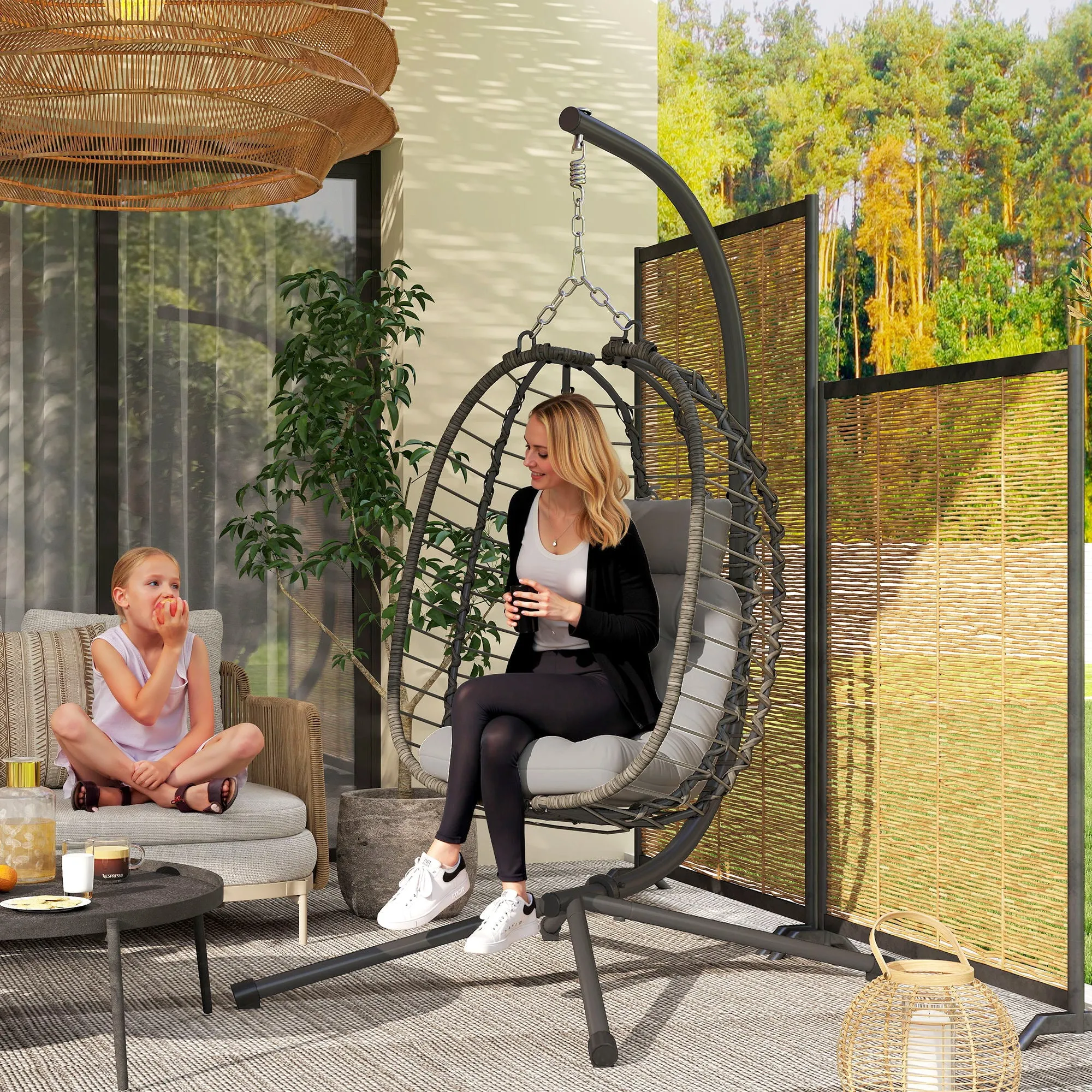 Rattan Hanging Egg Chair with Cushion and Headrest, Adjustable Height and Foldable Seat, Grey - Image 2