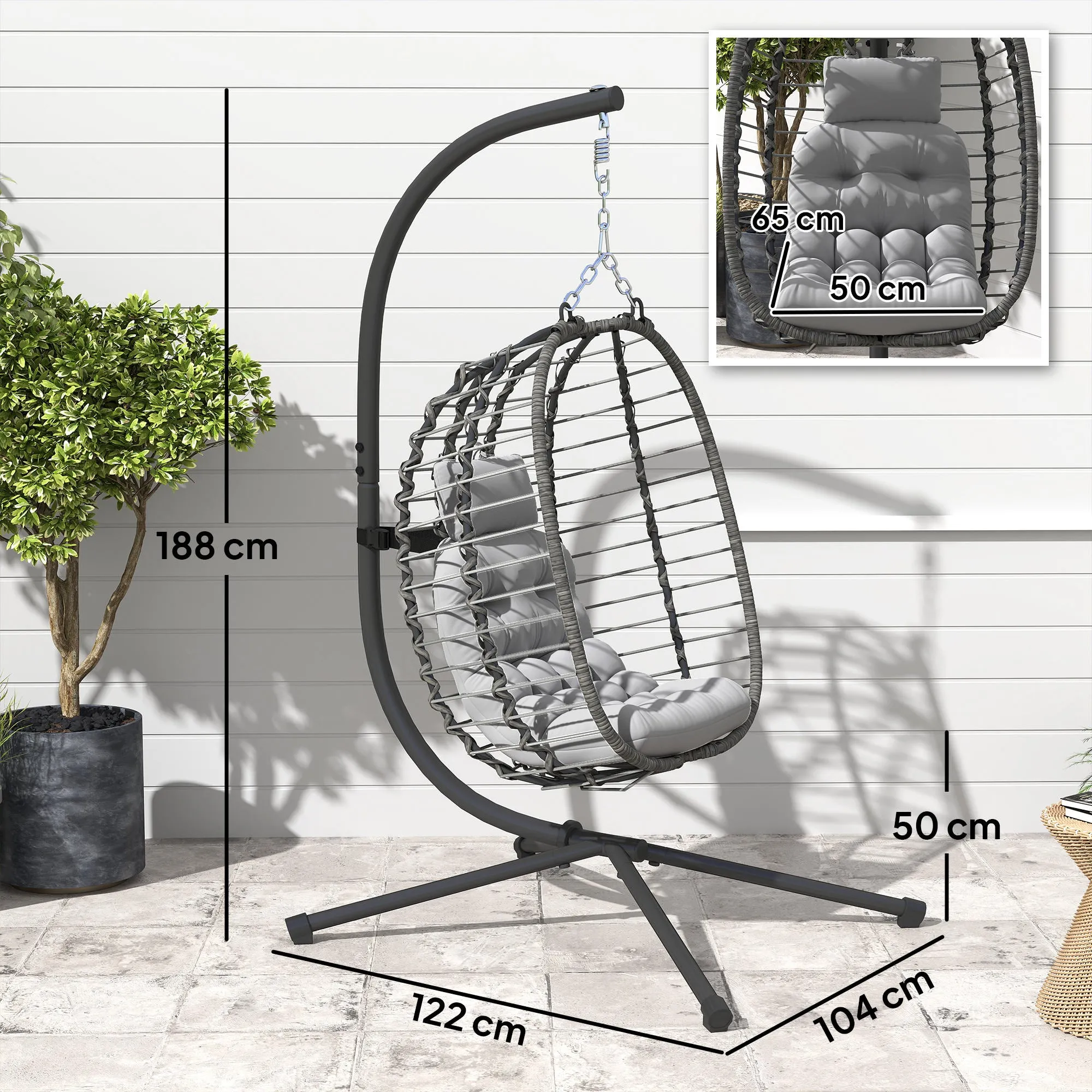 Rattan Hanging Egg Chair with Cushion and Headrest, Adjustable Height and Foldable Seat, Grey - Image 3
