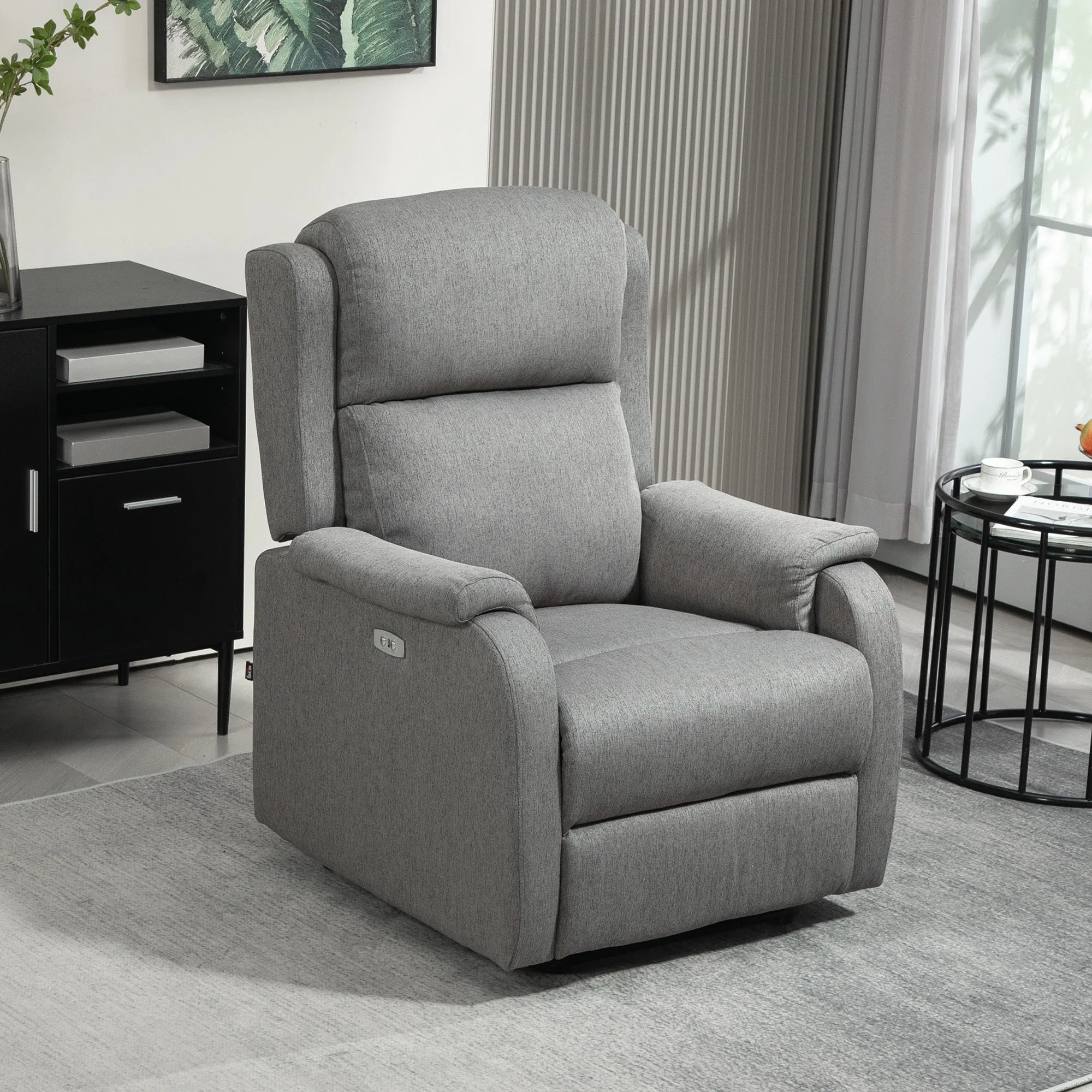 Reclining Chair with Footrest, in Linen Effect Fabric, Wood and Metal, 77x91x106 cm, Dark Grey - Image 2