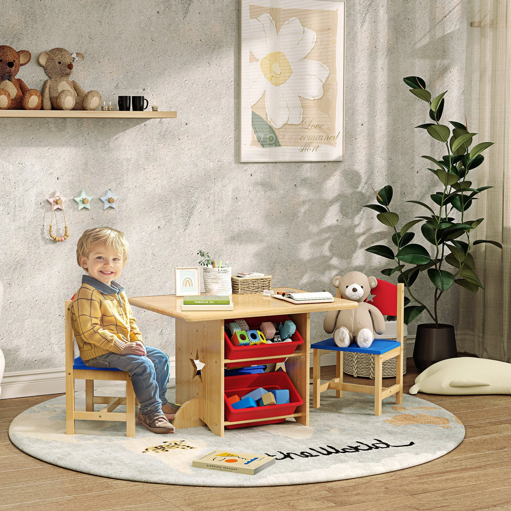 Children's Table and Chair Set 3-7 Years with 2 Chairs and Table with 4 Containers, in Wood and PP, Wood Color - Image 2