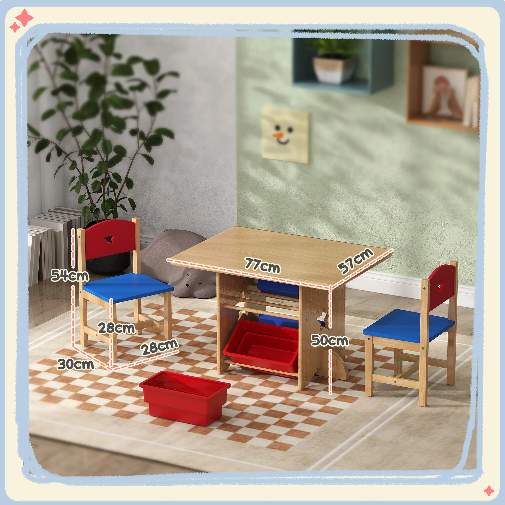 Children's Table and Chair Set 3-7 Years with 2 Chairs and Table with 4 Containers, in Wood and PP, Wood Color - Image 3