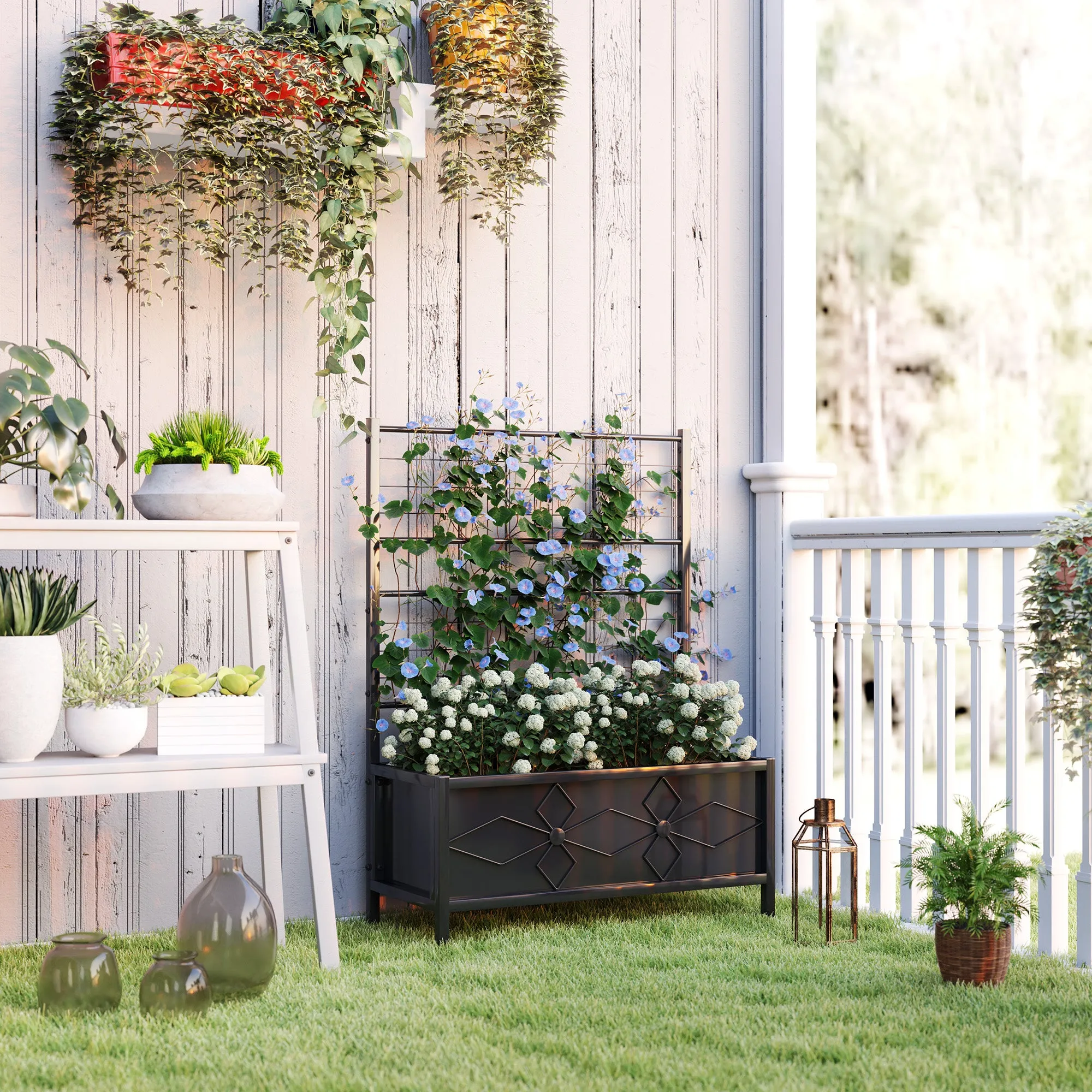 Raised Garden Bed with Trellis for Climbing Plants in Galvanized Steel, 90x40x120 cm, Black - Image 2
