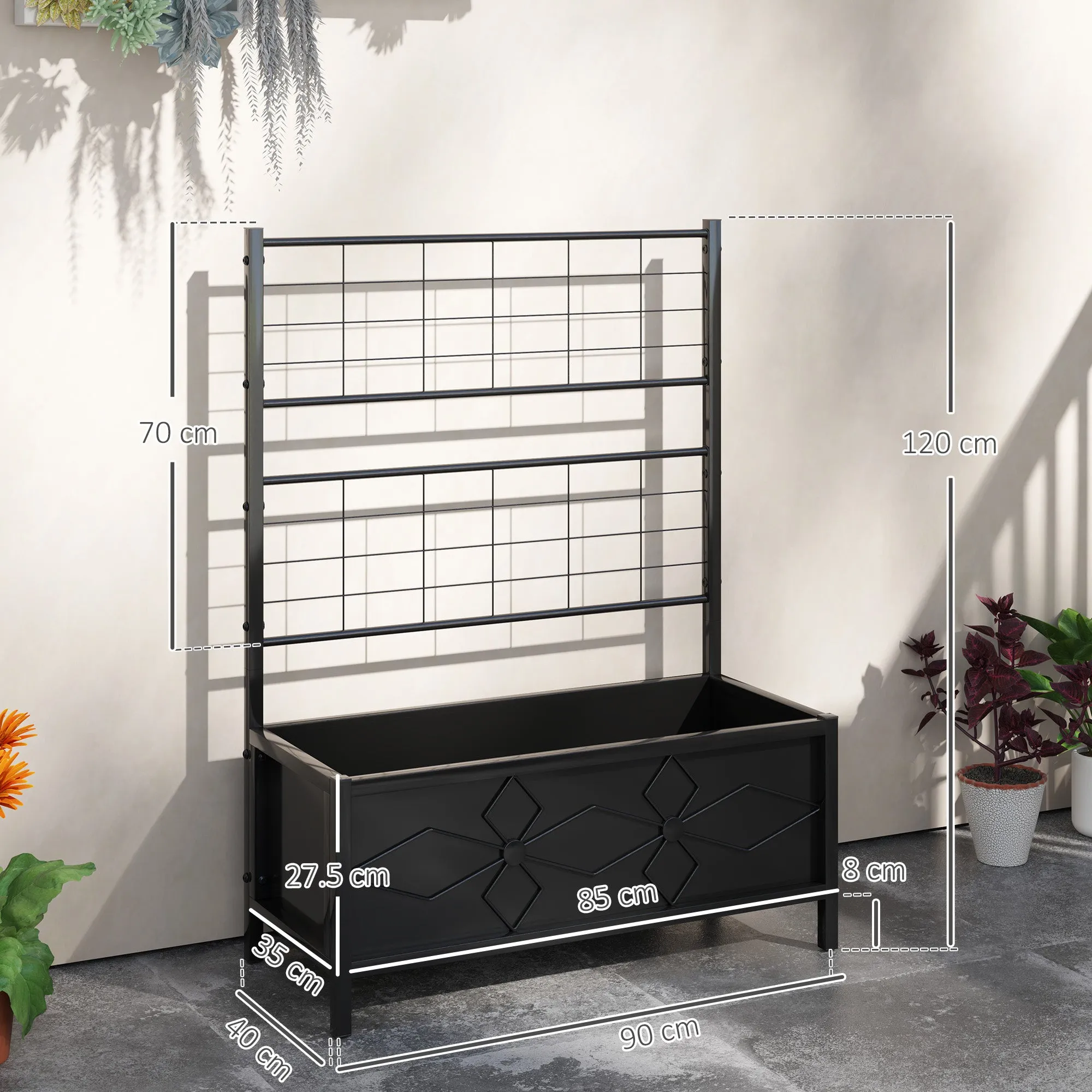 Raised Garden Bed with Trellis for Climbing Plants in Galvanized Steel, 90x40x120 cm, Black - Image 3