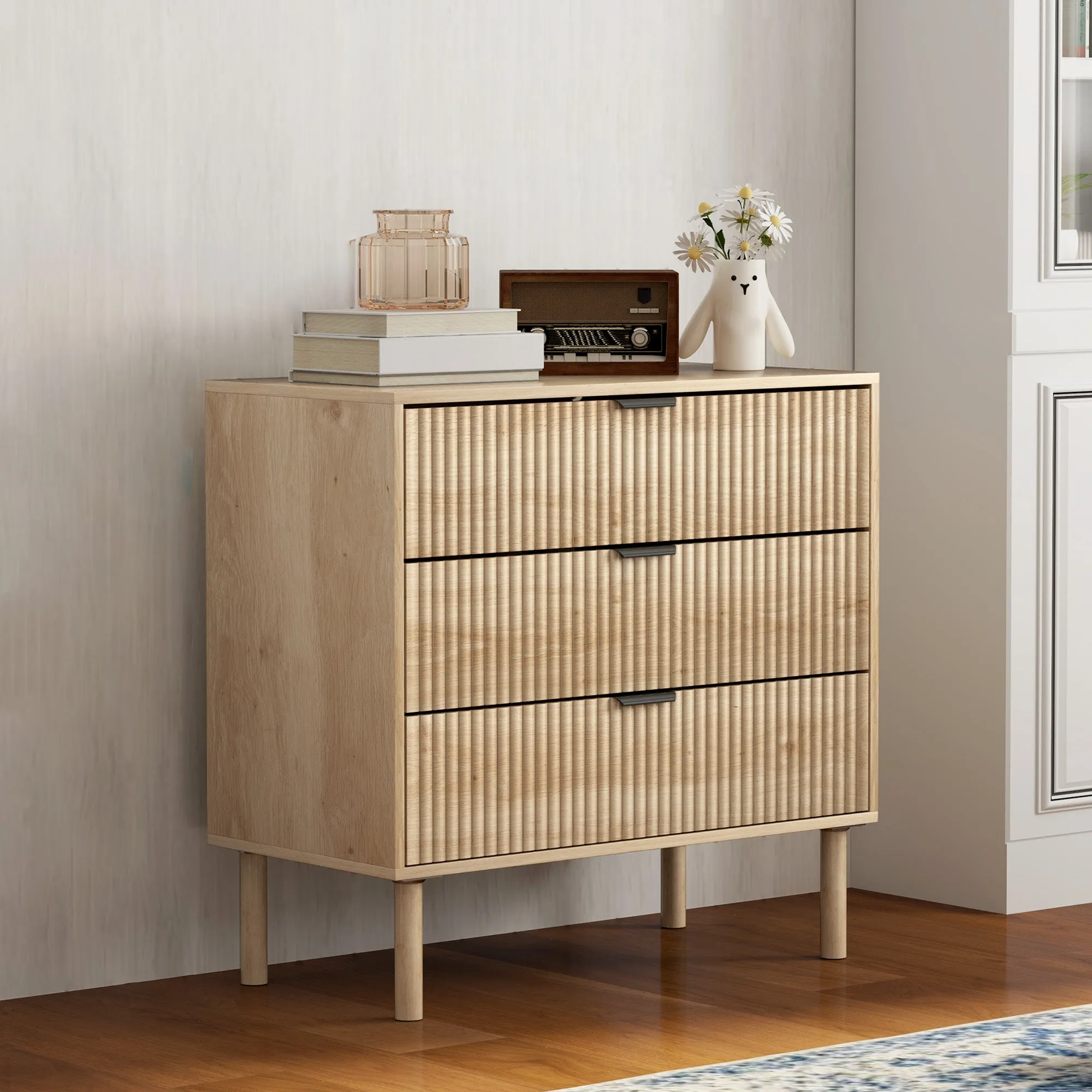 3 Drawer Wooden Chest of Drawers for Bedroom and Entrance Nordic Style, 80x40x77.5 cm, Oak - Image 2