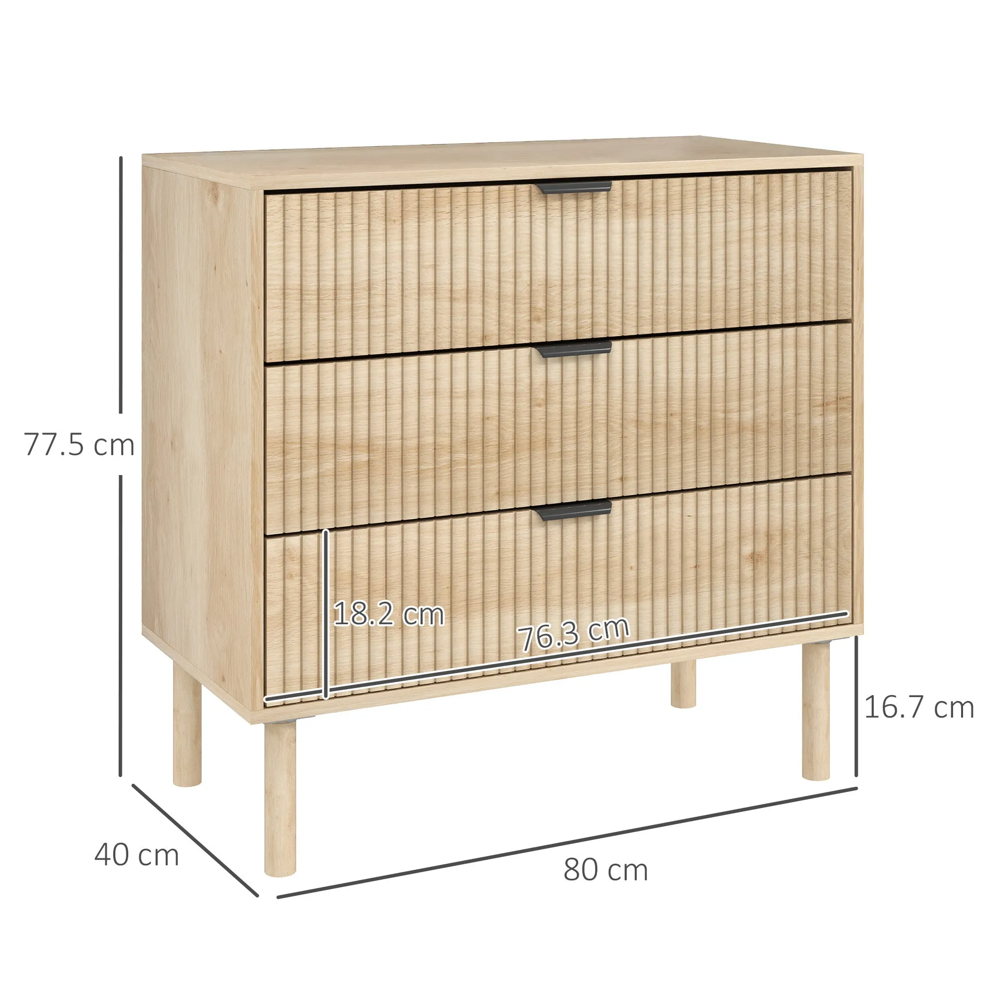 3 Drawer Wooden Chest of Drawers for Bedroom and Entrance Nordic Style, 80x40x77.5 cm, Oak - Image 3