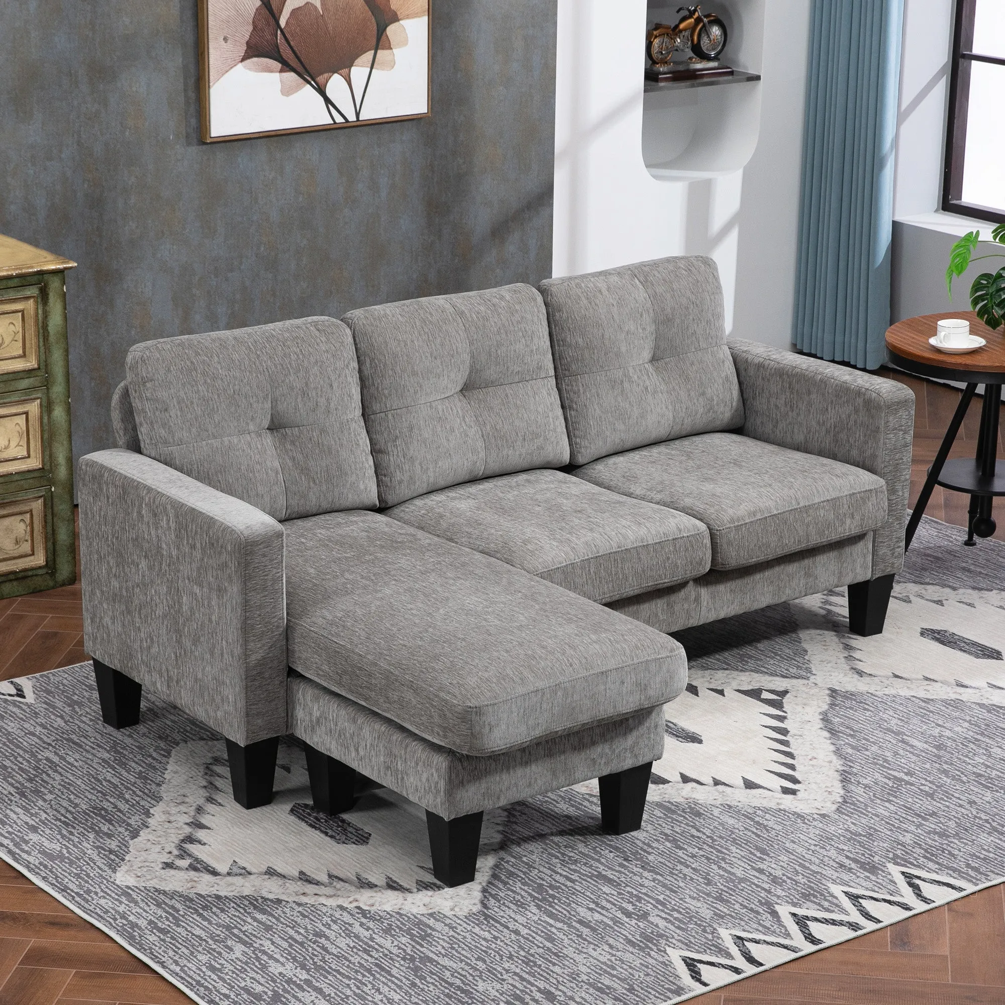 3-Seater Corner Sofa with Seat and Back Cushion, in Chenille Effect Fabric, 186x130x84 cm, Taupe - Image 2