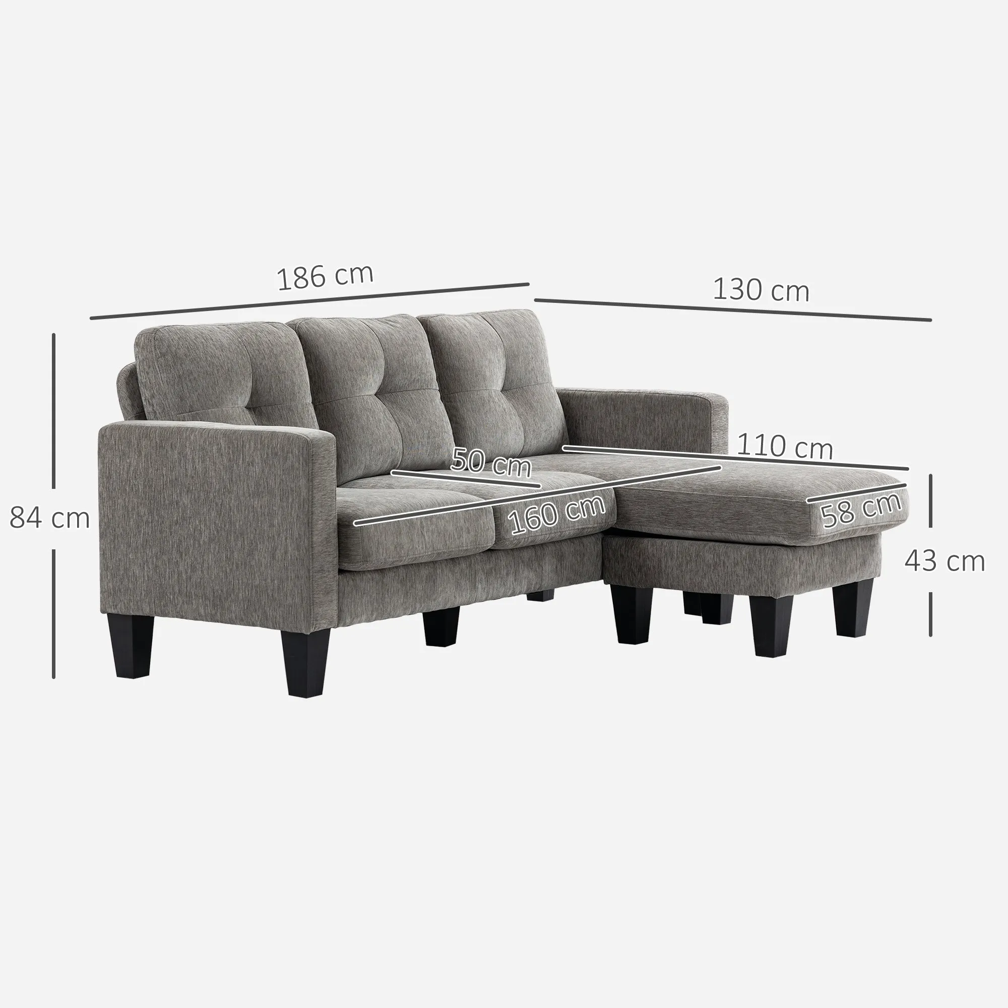 3-Seater Corner Sofa with Seat and Back Cushion, in Chenille Effect Fabric, 186x130x84 cm, Taupe - Image 3