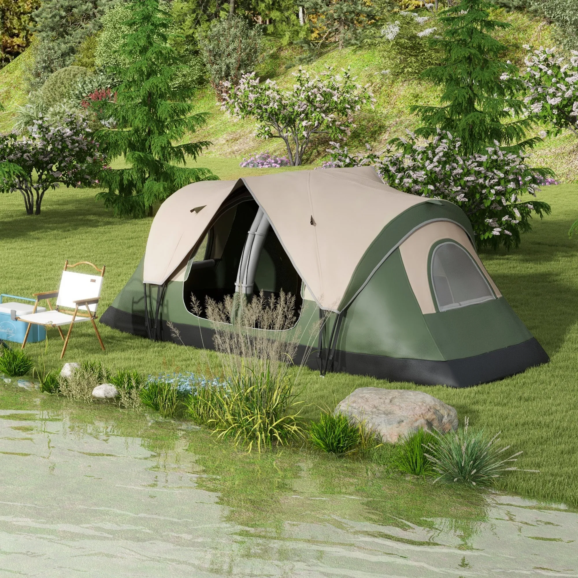 6 Person Camping Tent with 2 Separate Rooms, Polyester and Fiberglass, 450x215x180 cm, Dark Green - Image 2