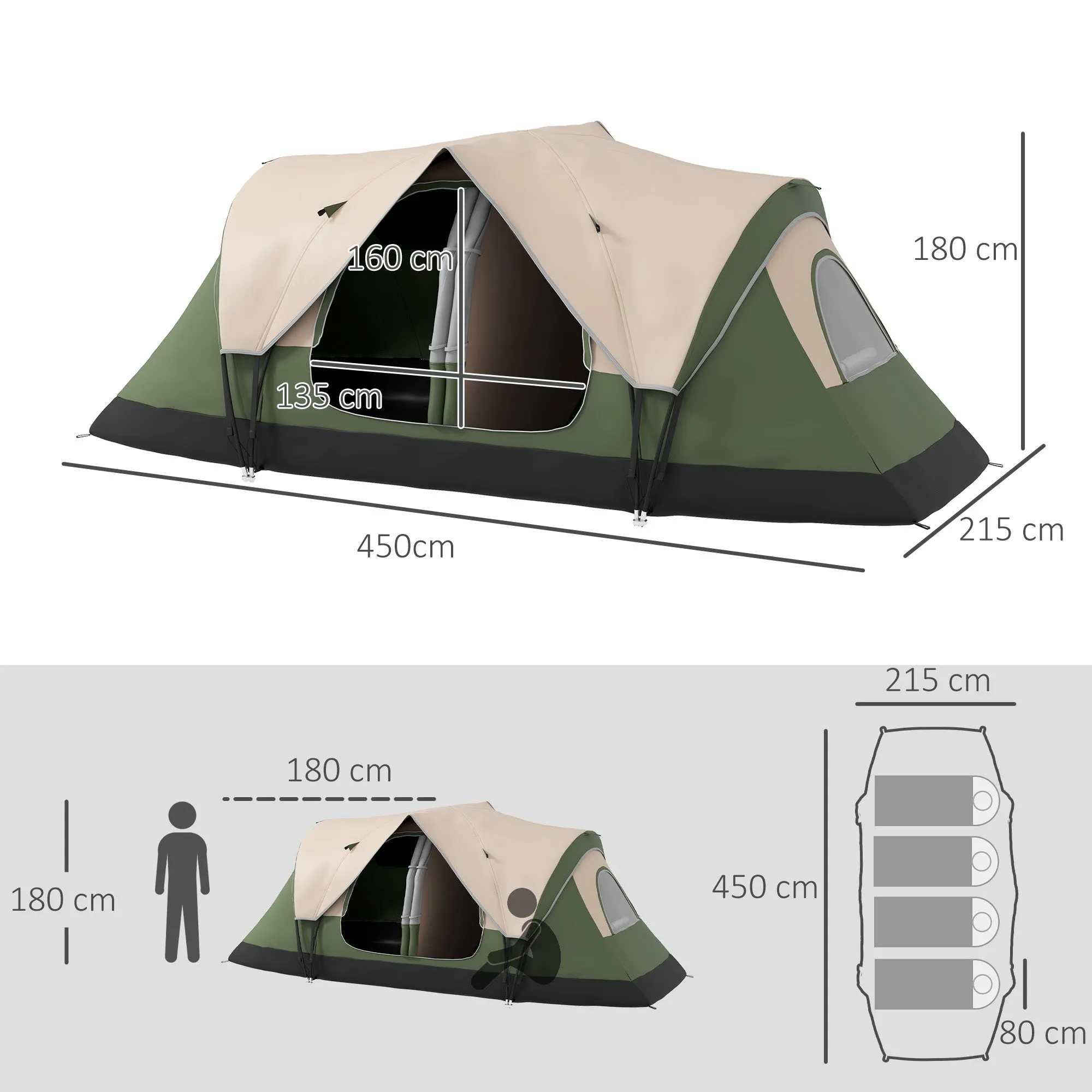 6 Person Camping Tent with 2 Separate Rooms, Polyester and Fiberglass, 450x215x180 cm, Dark Green - Image 3