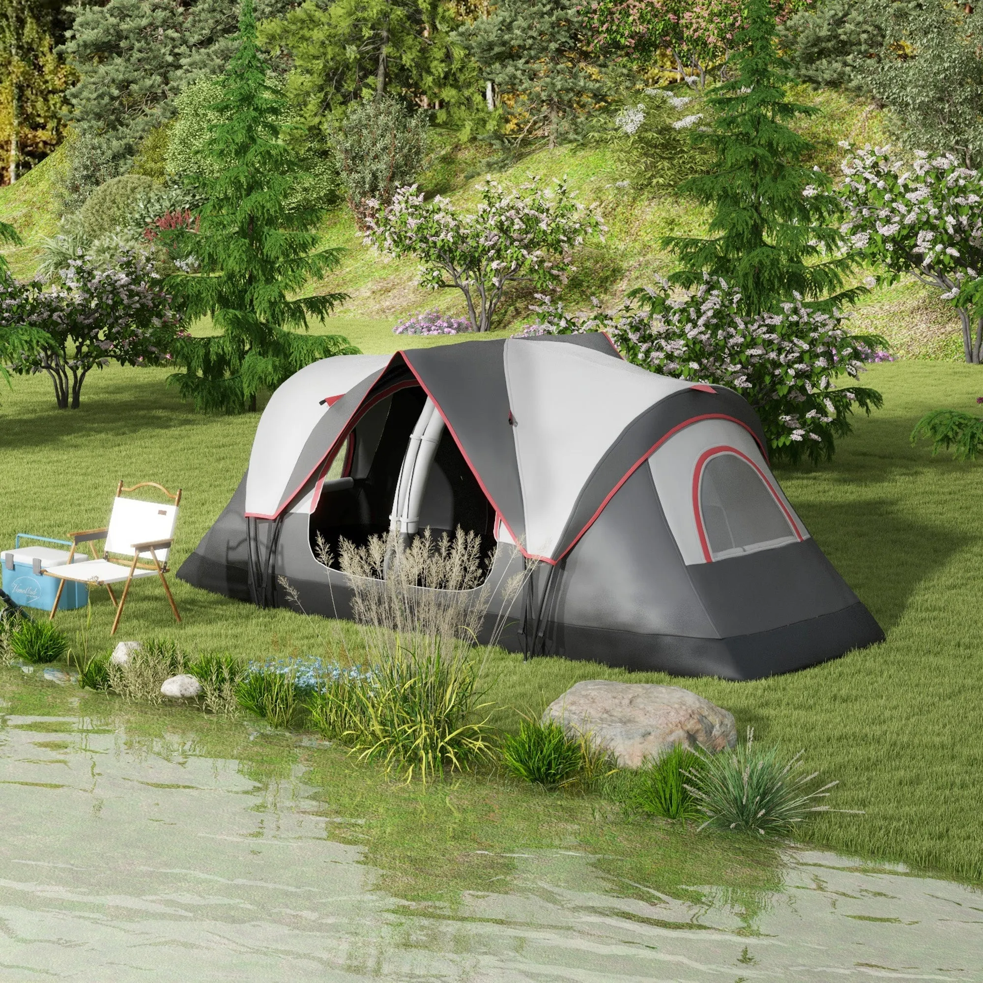 6 Person Camping Tent with 2 Separate Rooms, Polyester and Fiberglass, 450x215x180 cm, Grey - Image 2