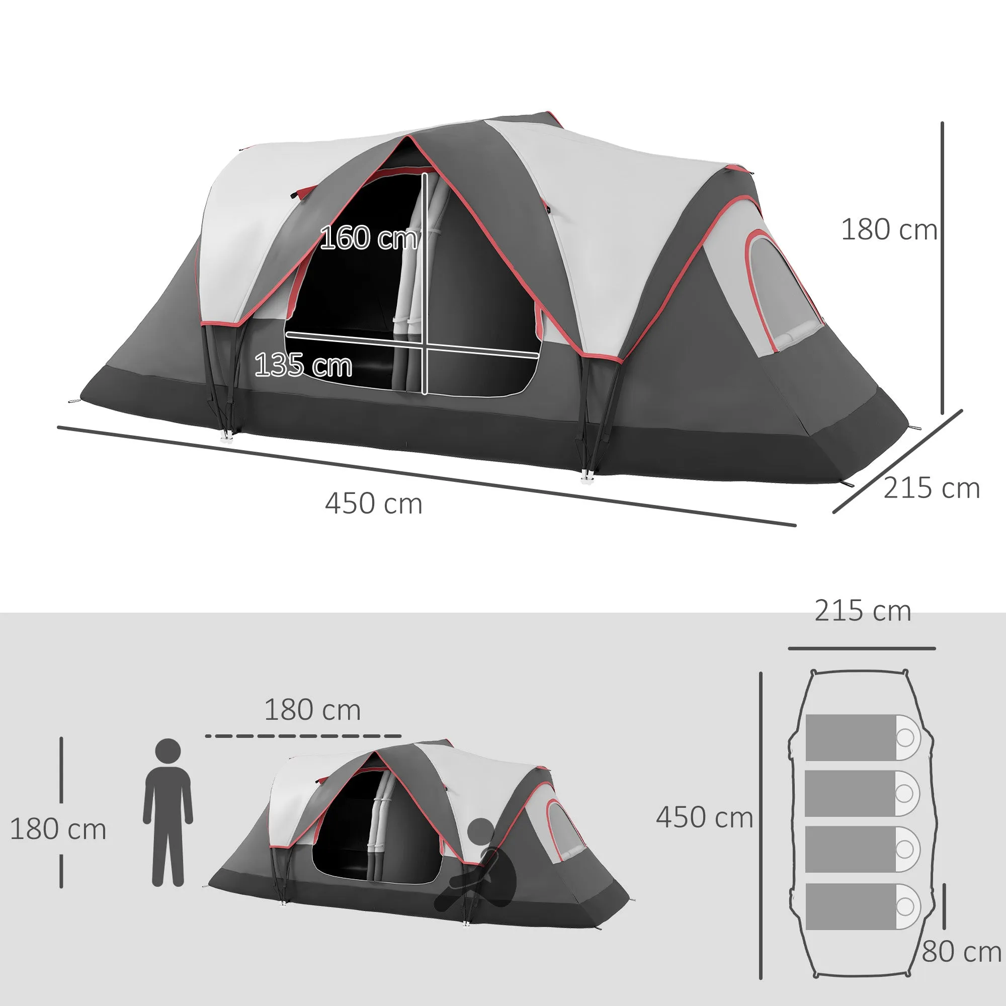 6 Person Camping Tent with 2 Separate Rooms, Polyester and Fiberglass, 450x215x180 cm, Grey - Image 3