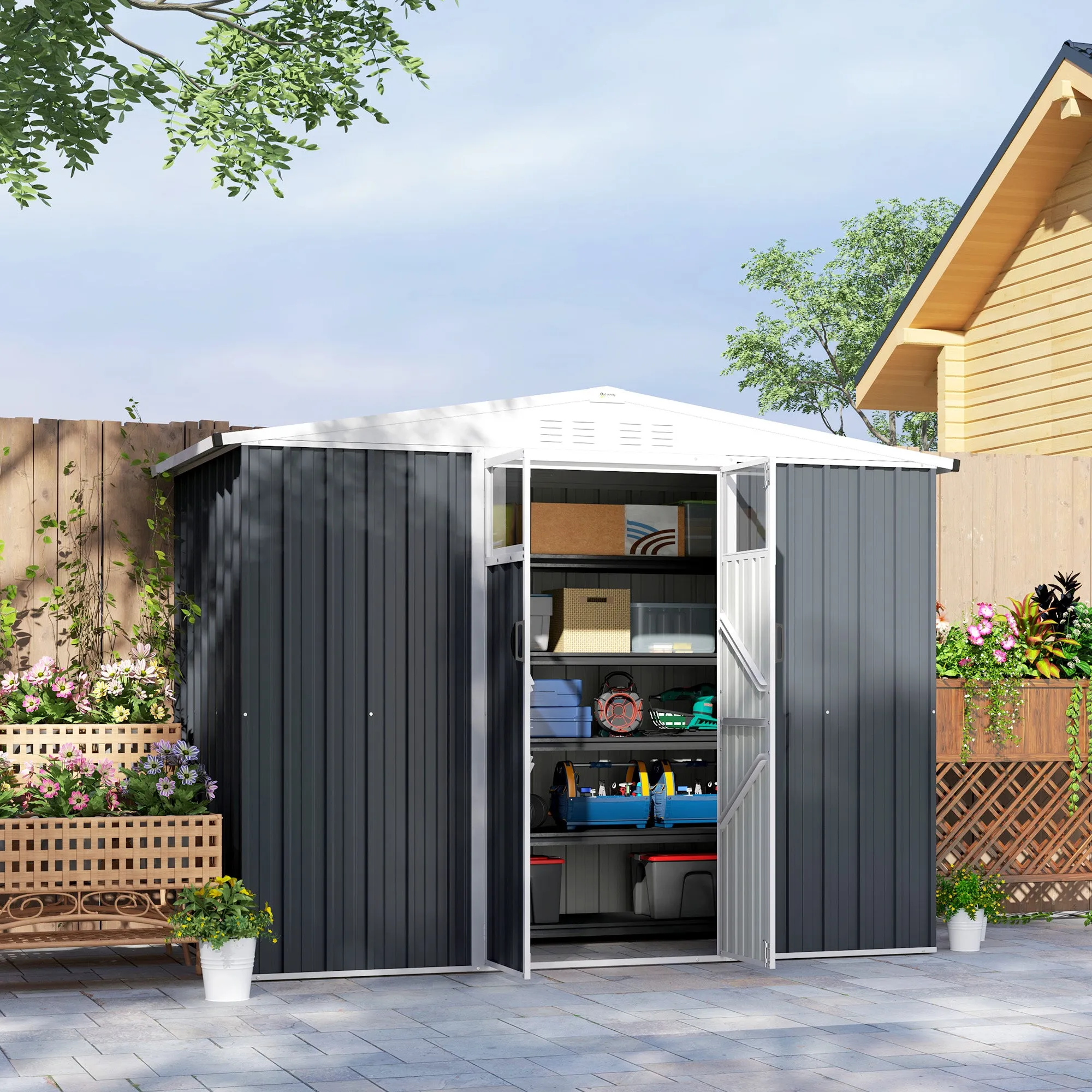 Garden Tool Shed in Galvanized Steel with 2 Doors, 246x117x180 cm, Dark Grey - Image 2