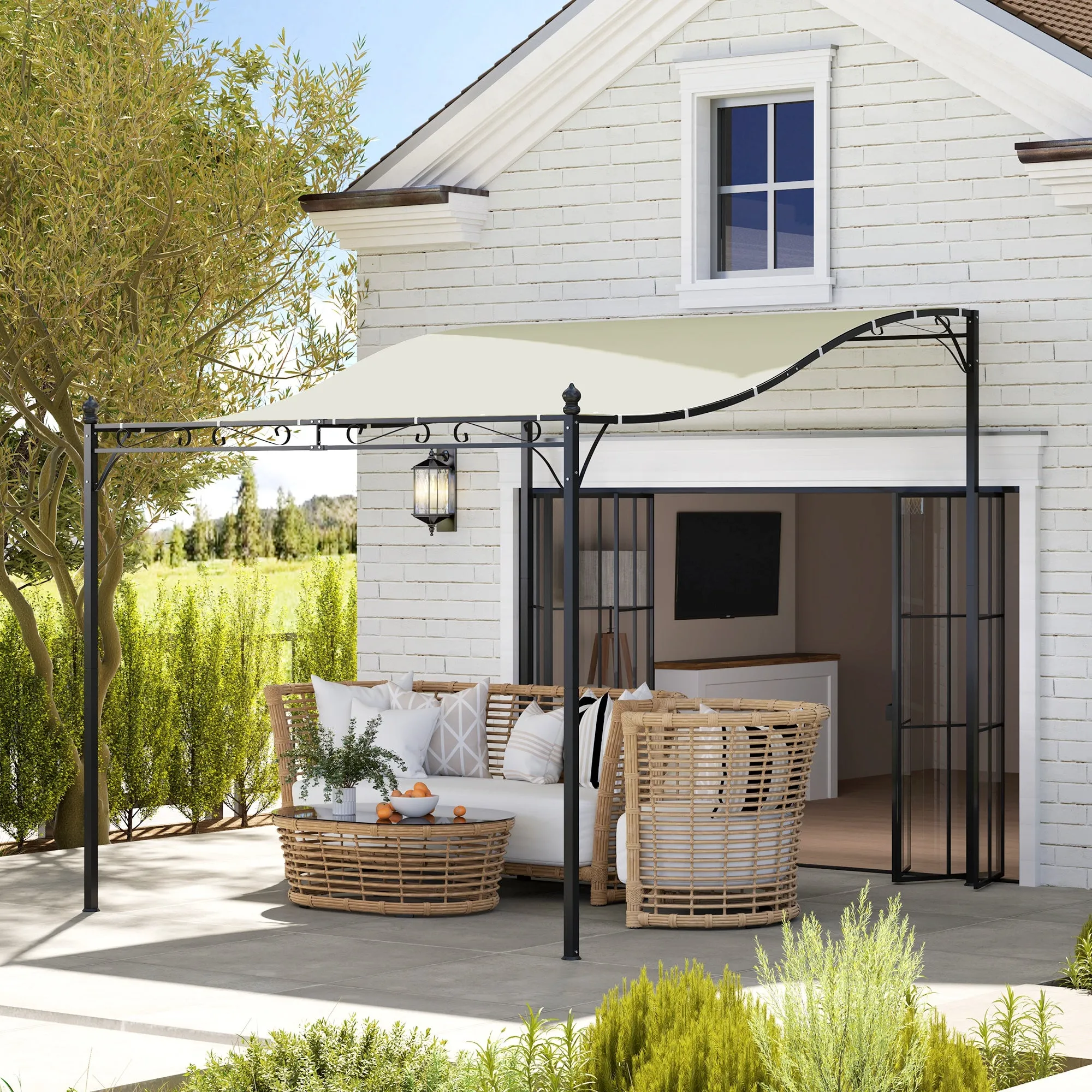 Curved Pergola with 16 Drainage Holes, Metal and Polyester, 248x298x200/250 cm, Cream White - Image 2