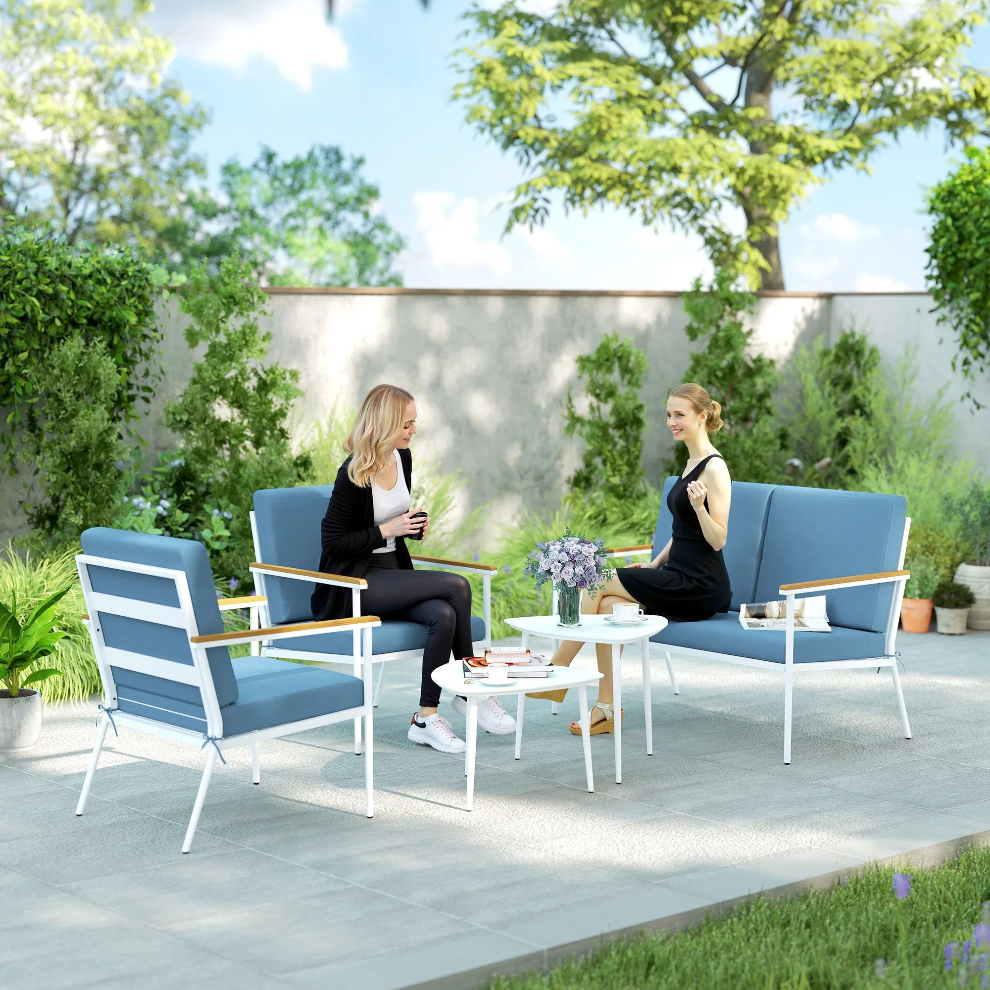 Outdoor Set with 2-Seater Sofa, 2 Armchairs and 2 Glass Coffee Tables, Light Blue - Image 2