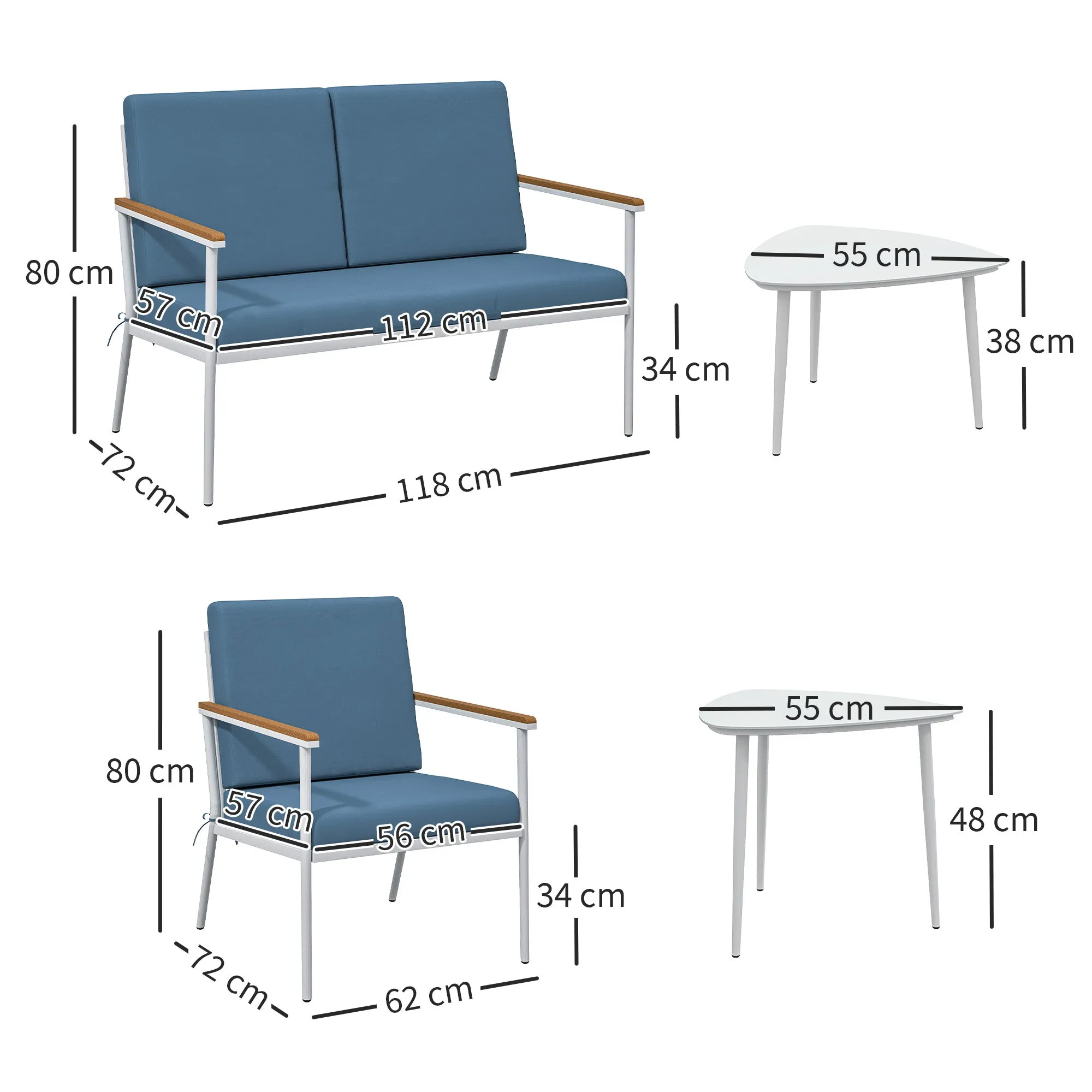 Outdoor Set with 2-Seater Sofa, 2 Armchairs and 2 Glass Coffee Tables, Light Blue - Image 3