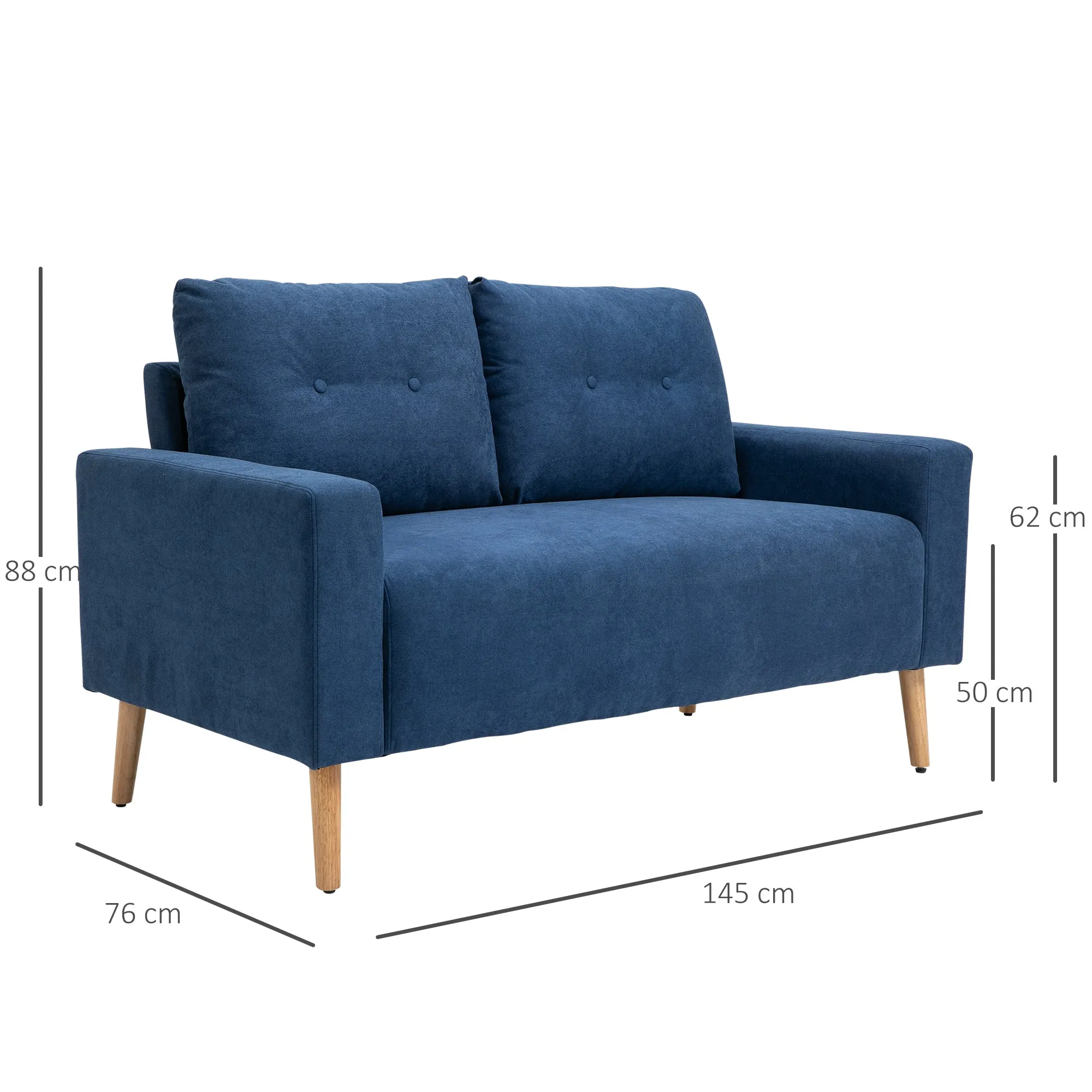 Nordic Style Modern Quilted 2 Seater Sofa, Polyester and Wood, 145x76x88 cm, Blue - Image 3