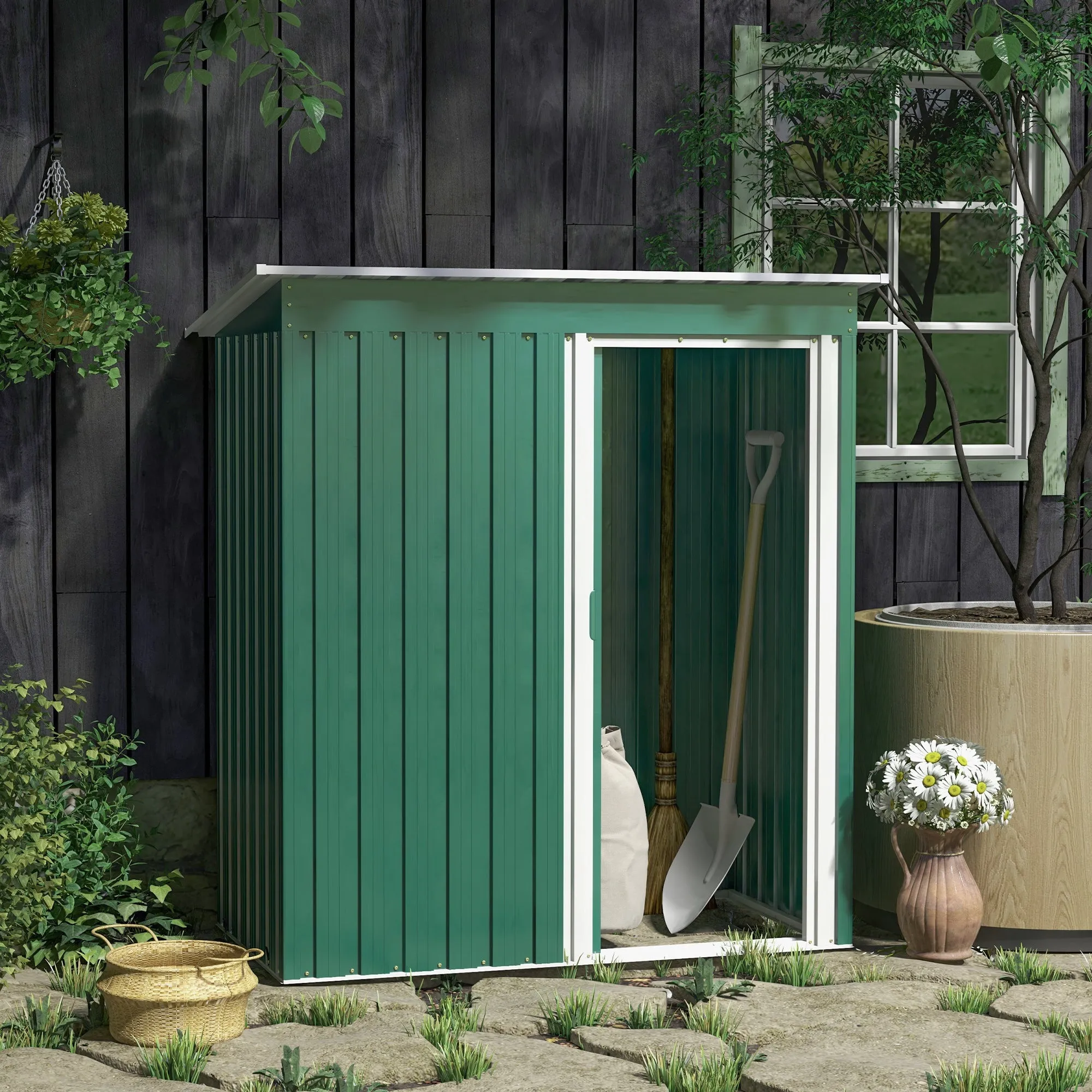 Tool Shed with Sloping Roof and Sliding Door, in Galvanized Steel, 163x89x182 cm, Green - Image 2