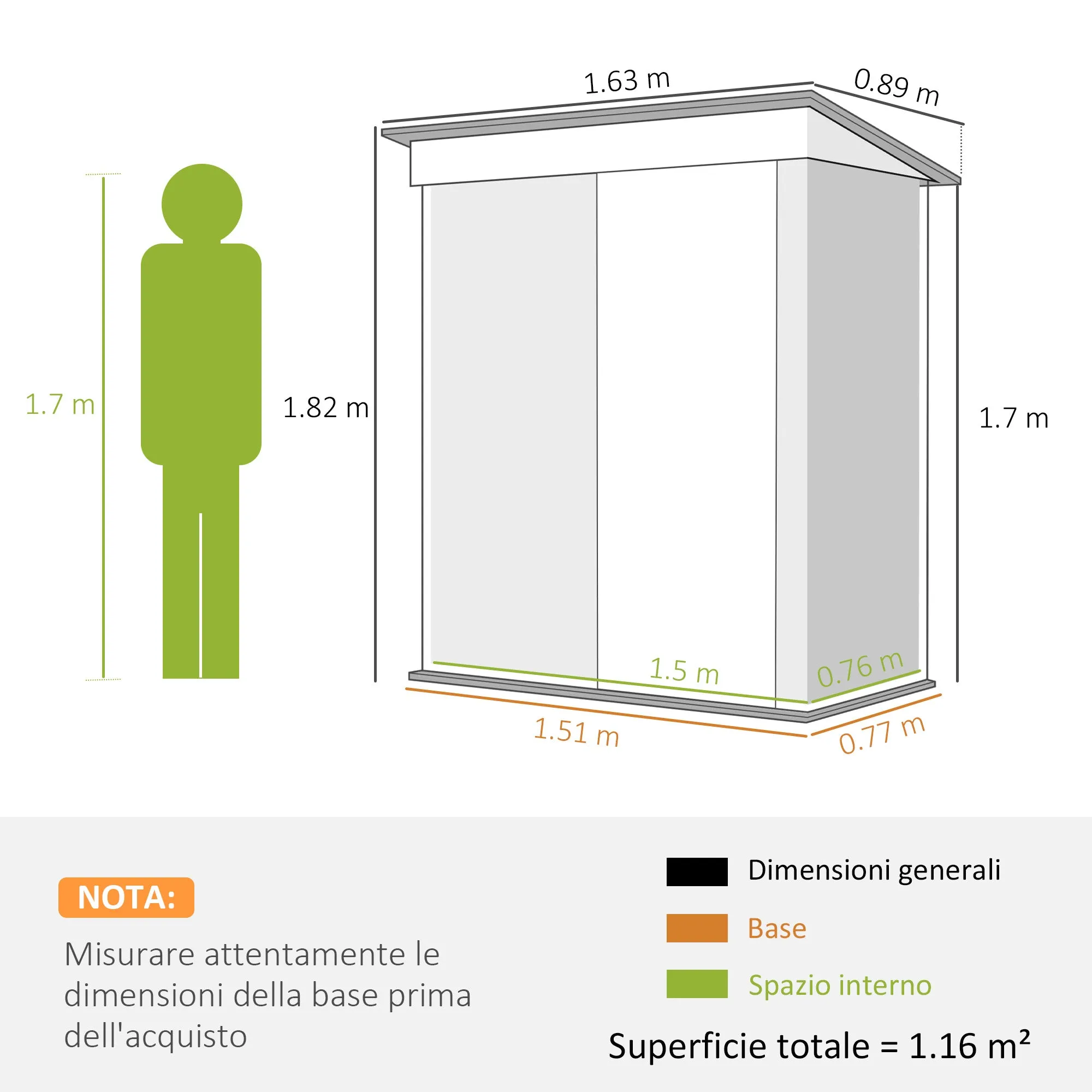 Tool Shed with Sloping Roof and Sliding Door, in Galvanized Steel, 163x89x182 cm, Green - Image 3