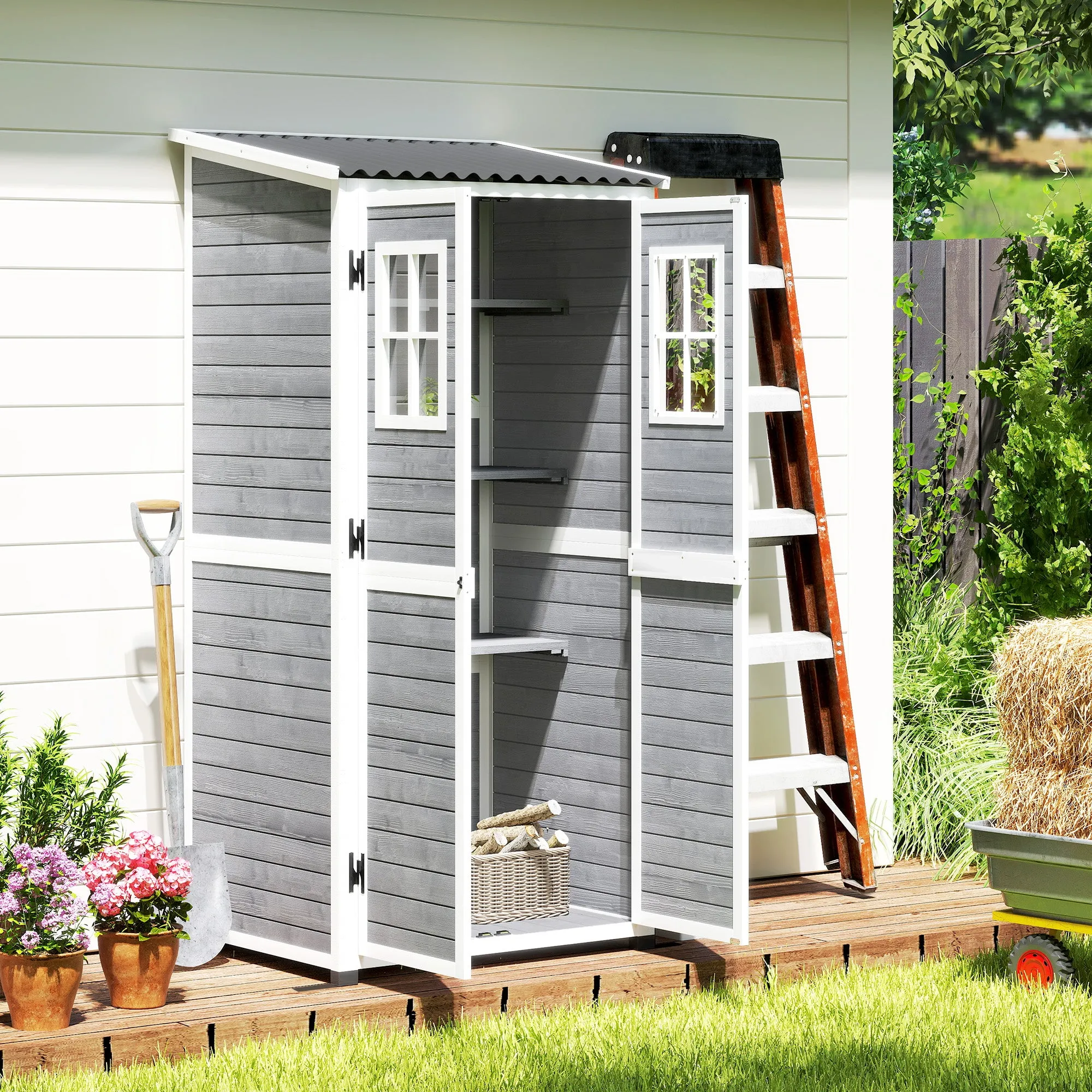 Wooden Garden Shed with Adjustable Shelves, Two Locking Doors and Windows, Grey - Image 2