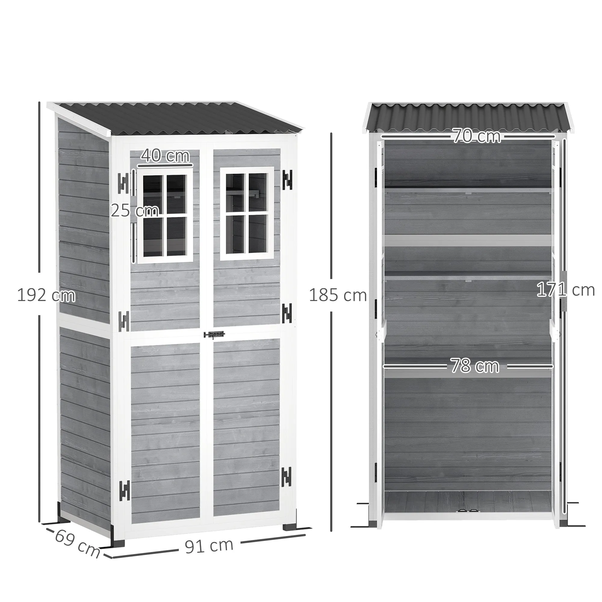 Wooden Garden Shed with Adjustable Shelves, Two Locking Doors and Windows, Grey - Image 3