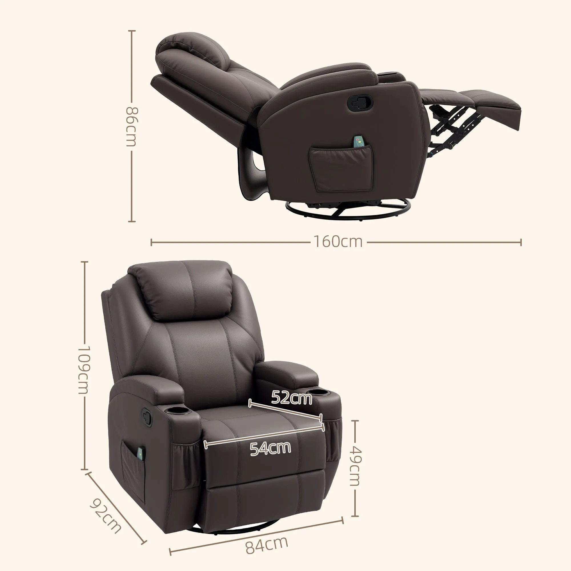 Reclining Massage Chair with 8 Massage Points and 5 Modes, 84x92x109cm, Dark Brown - Image 3