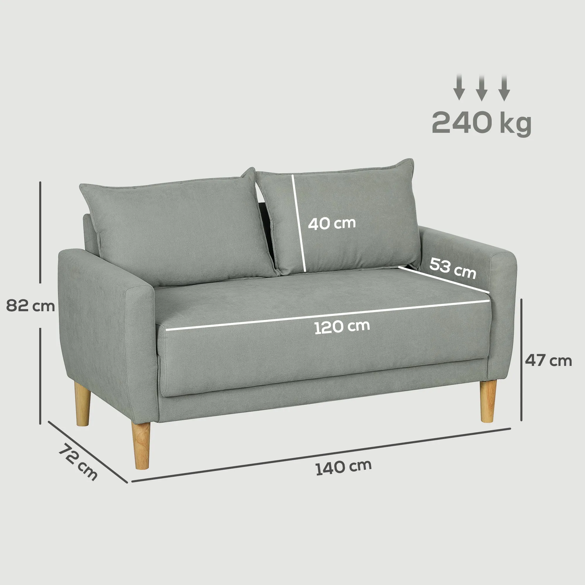 2 Seater Velvet Sofa with Lower Storage Compartment and Cushions, 140x72x82 cm, Grey - Image 3
