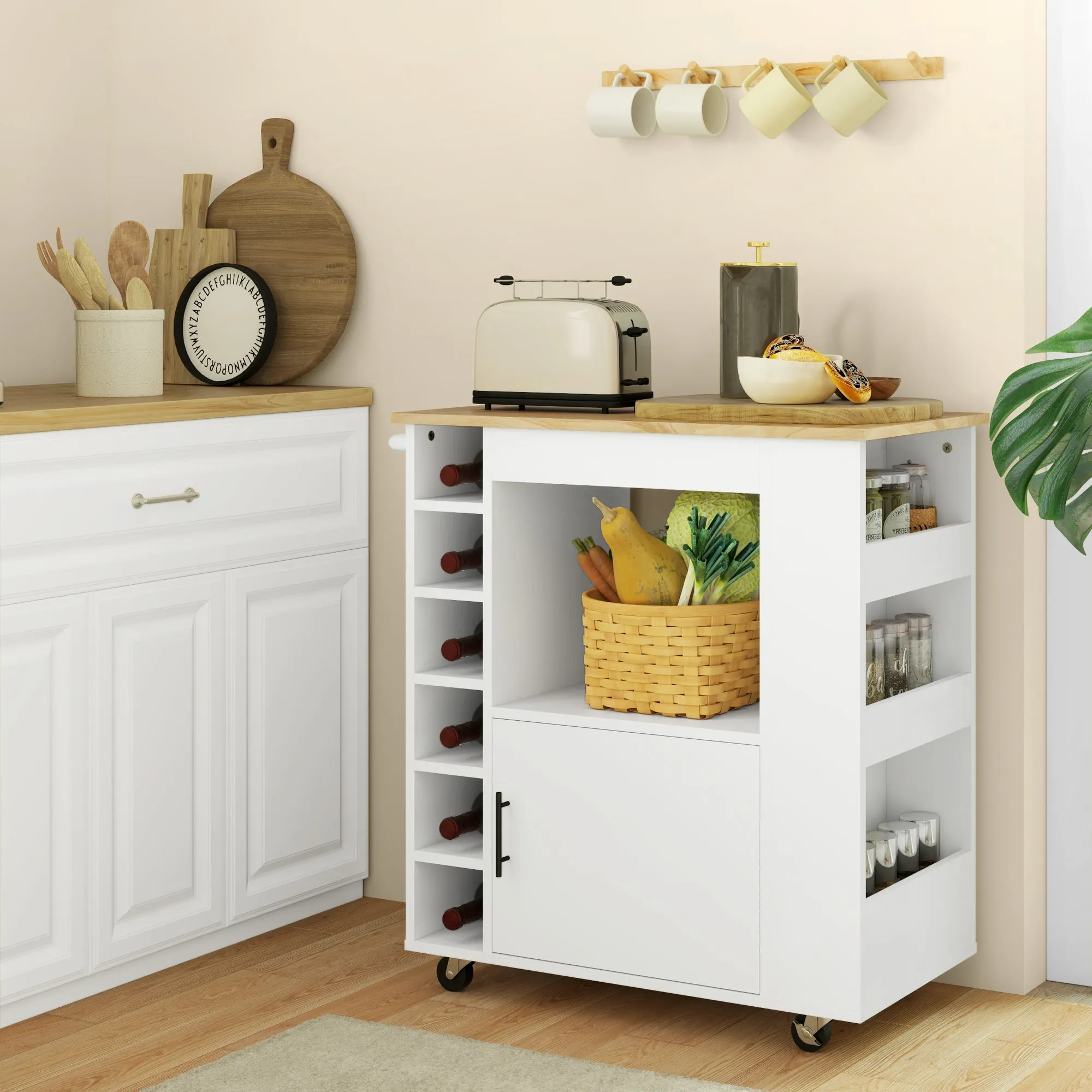 Kitchen Trolley with Wheels, Shelves, Cabinet and Bottle Rack, 83x40x83 cm, Oak - Image 2