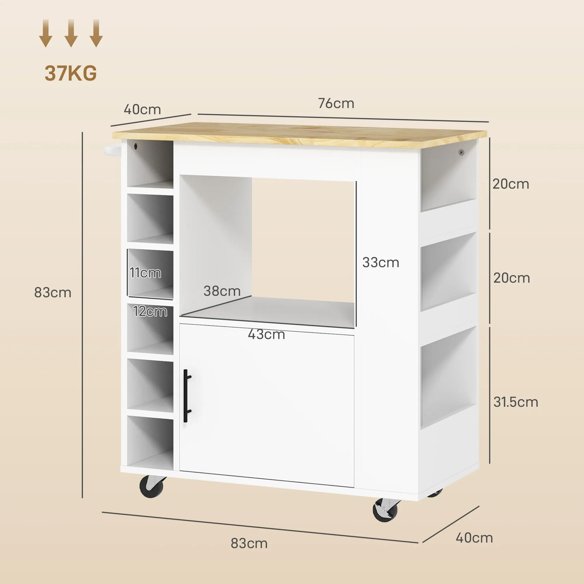 Kitchen Trolley with Wheels, Shelves, Cabinet and Bottle Rack, 83x40x83 cm, Oak - Image 3