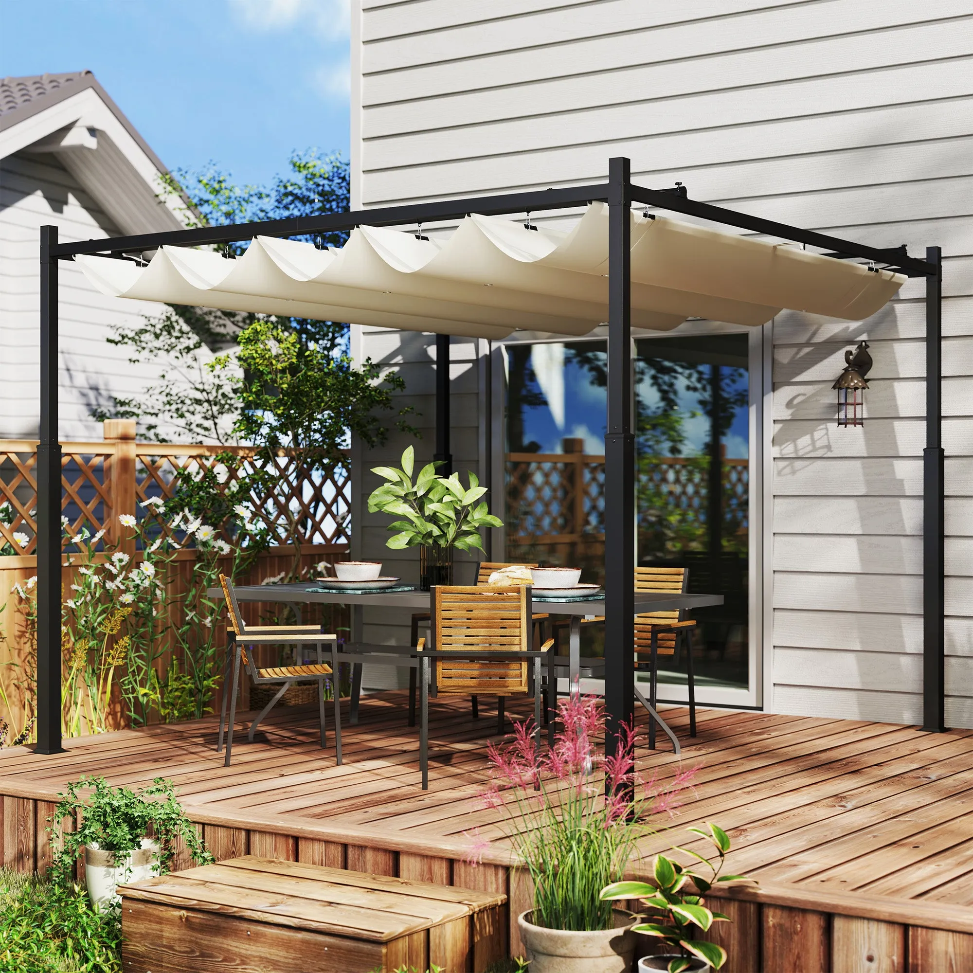 Gazebo Pergola 3x3 m with Retractable Canopy, 8 Screws and 8 Stakes, in 180g Polyester and Metal, Cream White - Image 2