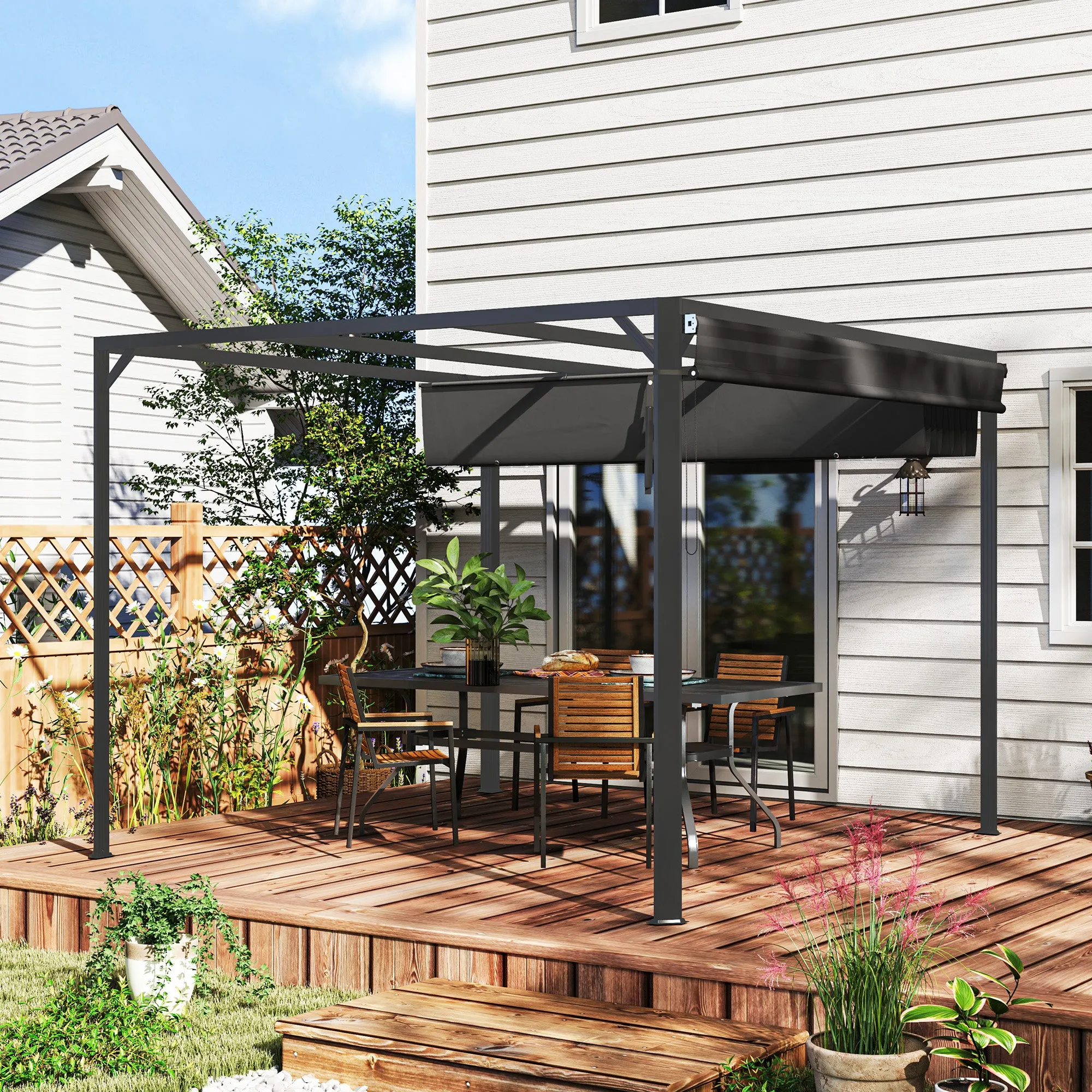 Gazebo Pergola Retractable 3x3 m with Roller Blind and Drainage Holes, in Steel and Polyester Dark Grey - Image 2