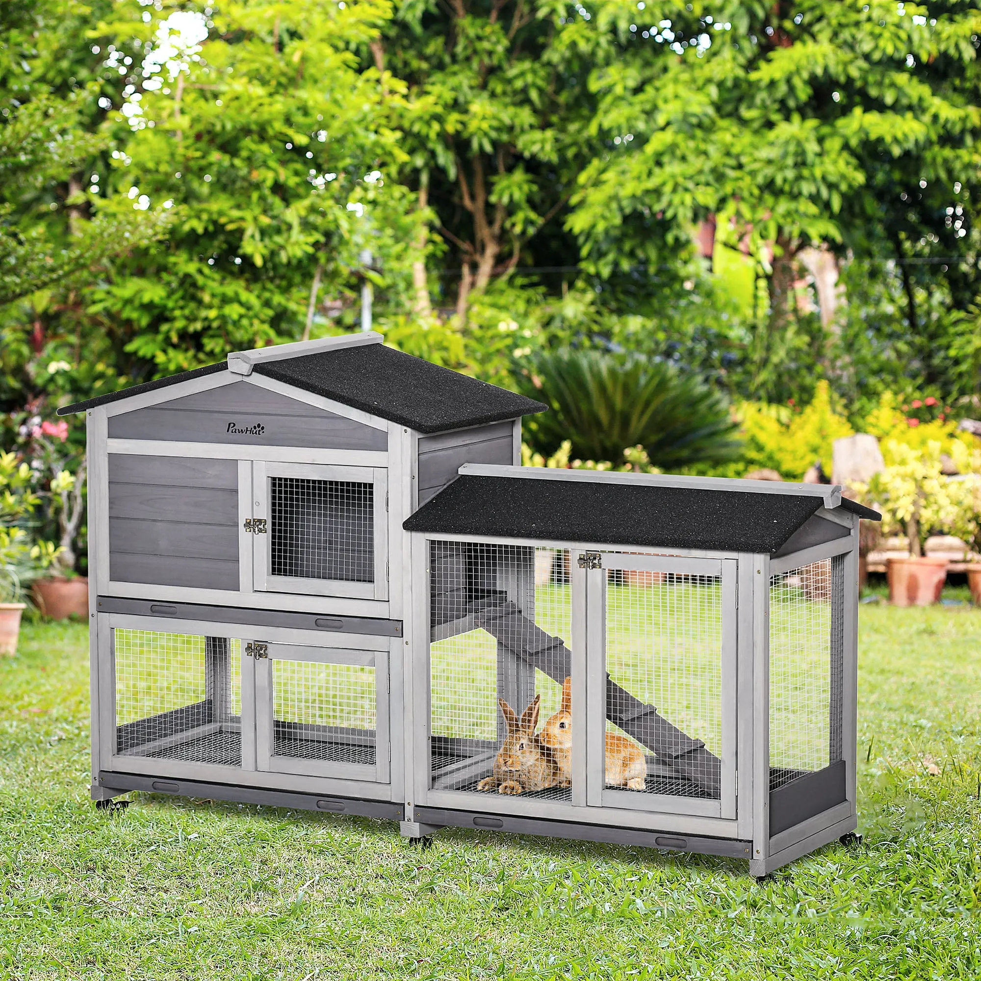 2-Tier Rabbit Hutch with Protective Net and Wooden and Metal Wheels, 157.4x53x99.5 cm, Grey - Image 2