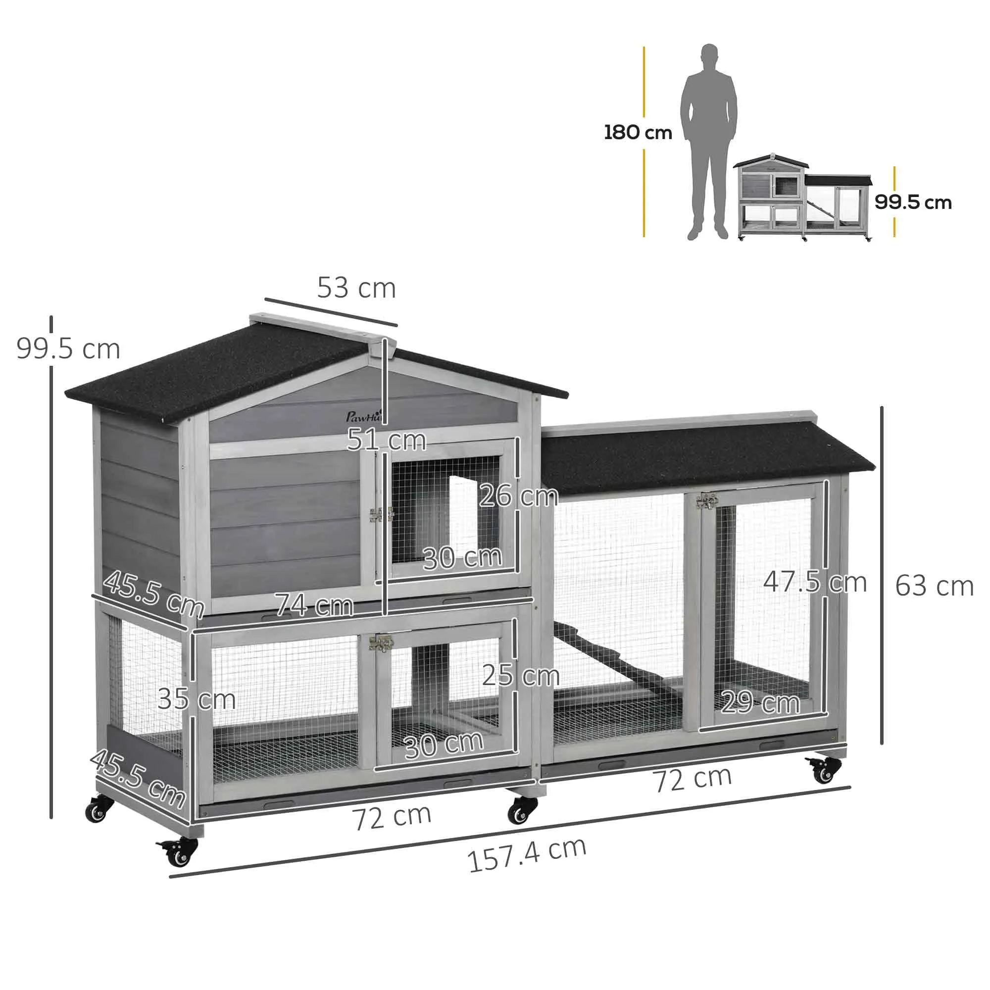 2-Tier Rabbit Hutch with Protective Net and Wooden and Metal Wheels, 157.4x53x99.5 cm, Grey - Image 3