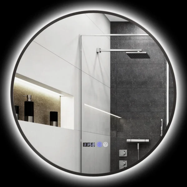 Bathroom Mirror with Adjustable LED Light, Anti-fog and Time and Temperature Display, Ø70 cm, Black