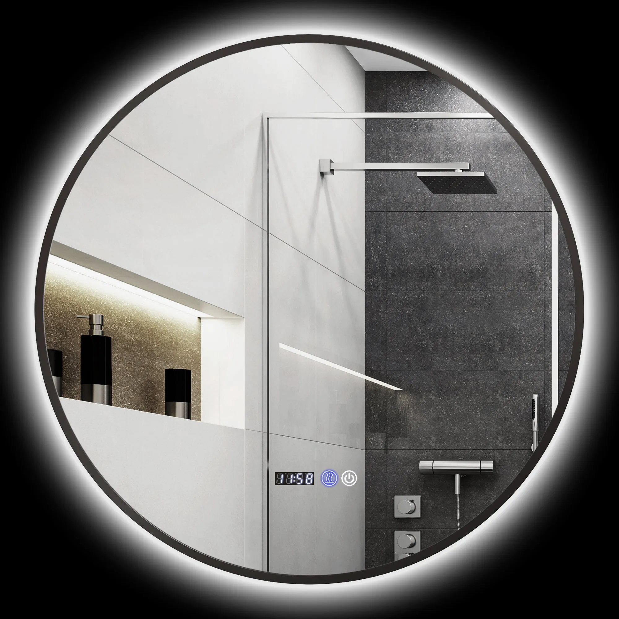 Bathroom Mirror with Adjustable LED Light, Anti-fog and Time and Temperature Display, Ø70 cm, Black