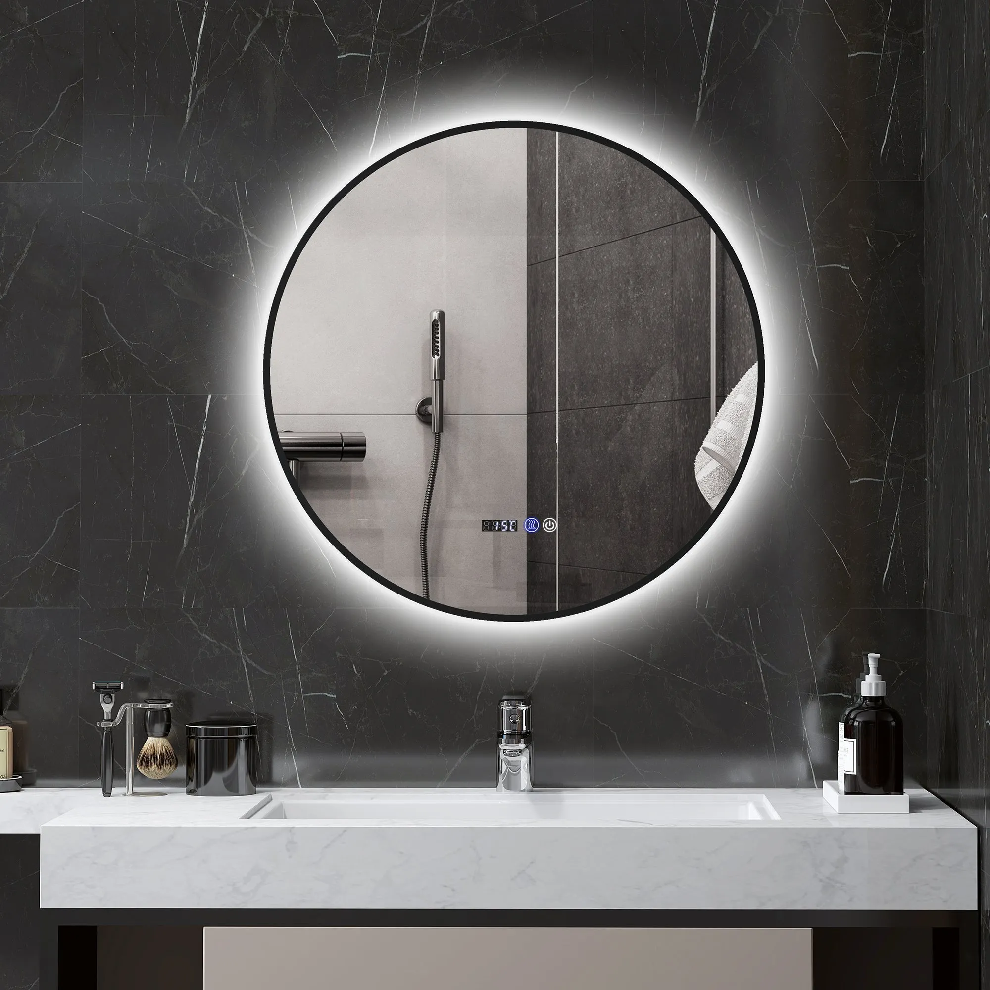 Bathroom Mirror with Adjustable LED Light, Anti-fog and Time and Temperature Display, Ø70 cm, Black - Image 2