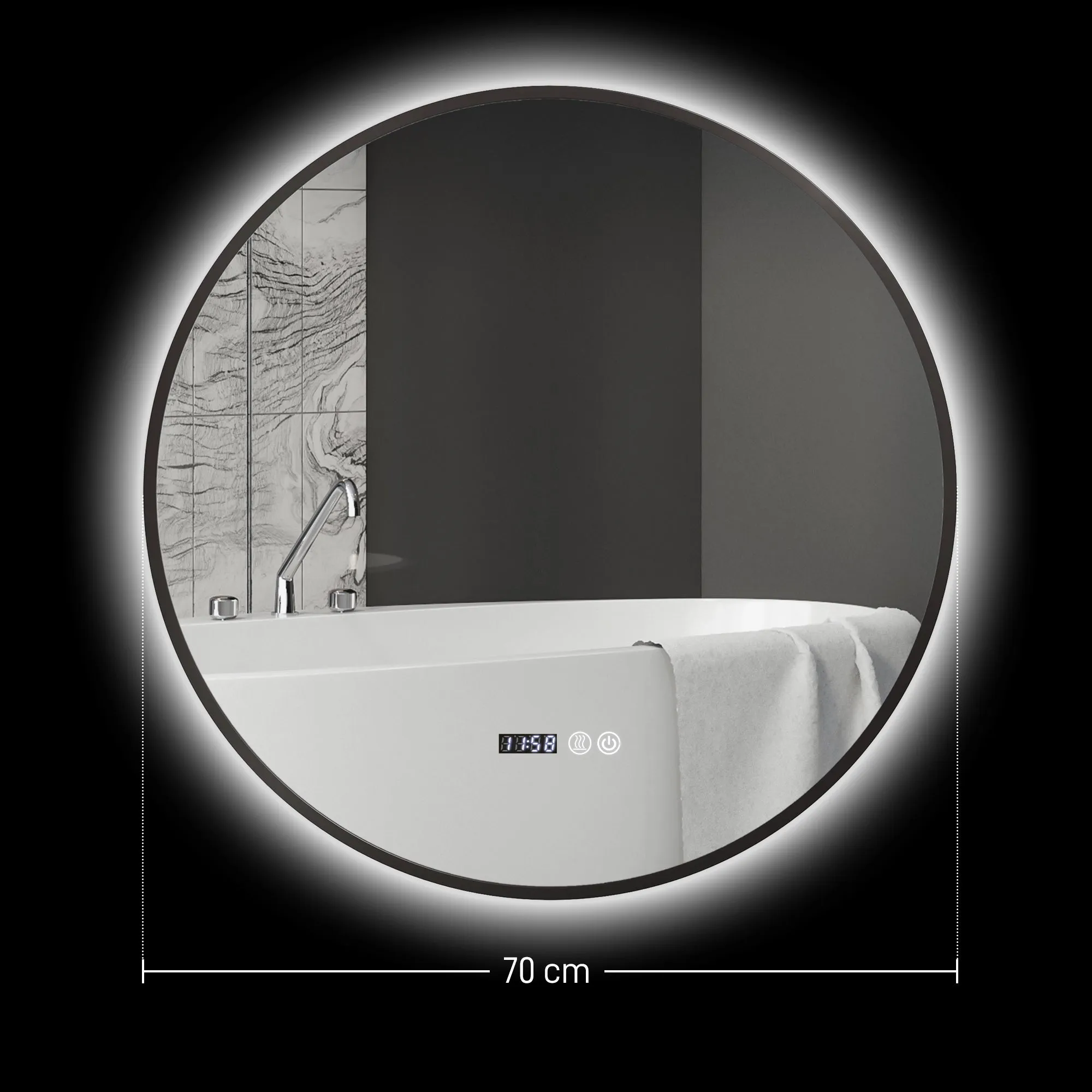 Bathroom Mirror with Adjustable LED Light, Anti-fog and Time and Temperature Display, Ø70 cm, Black - Image 3