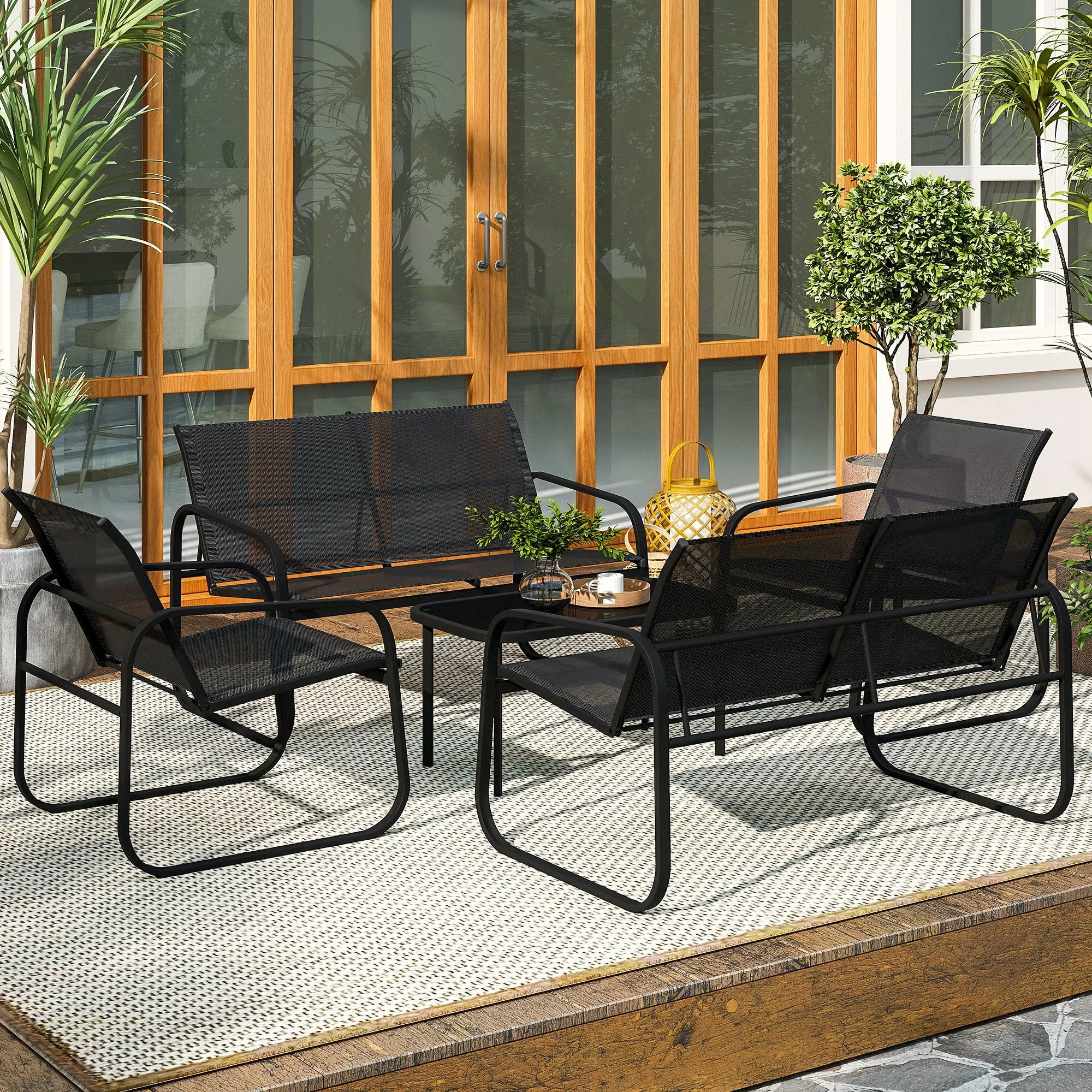 Garden Set with 2 2-Seater Sofas, 2 Armchairs and a Glass Top Coffee Table, Black - Image 2