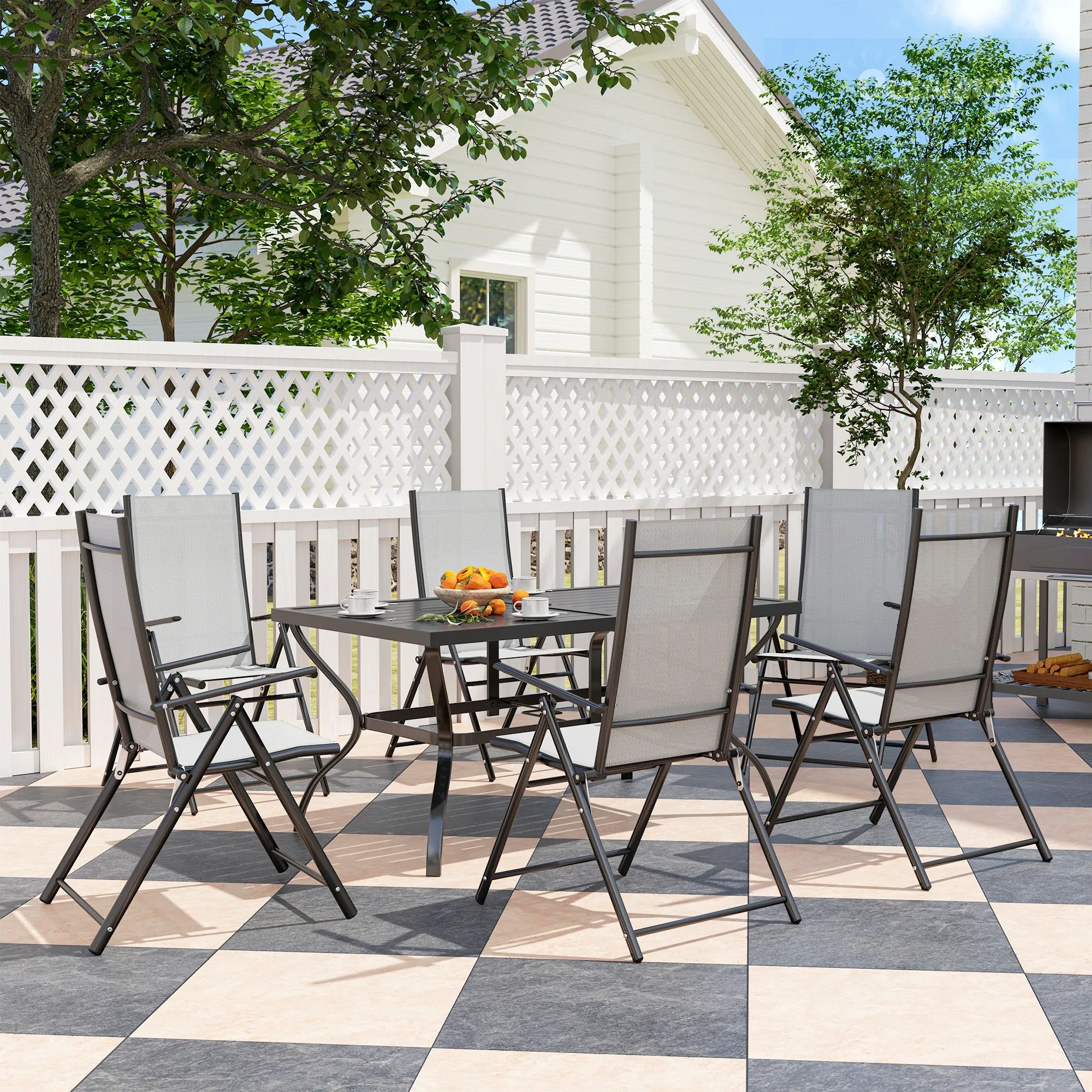 7-Piece Garden Set with Dining Table with Umbrella Hole and 6 Folding Chairs, Gray - Image 2