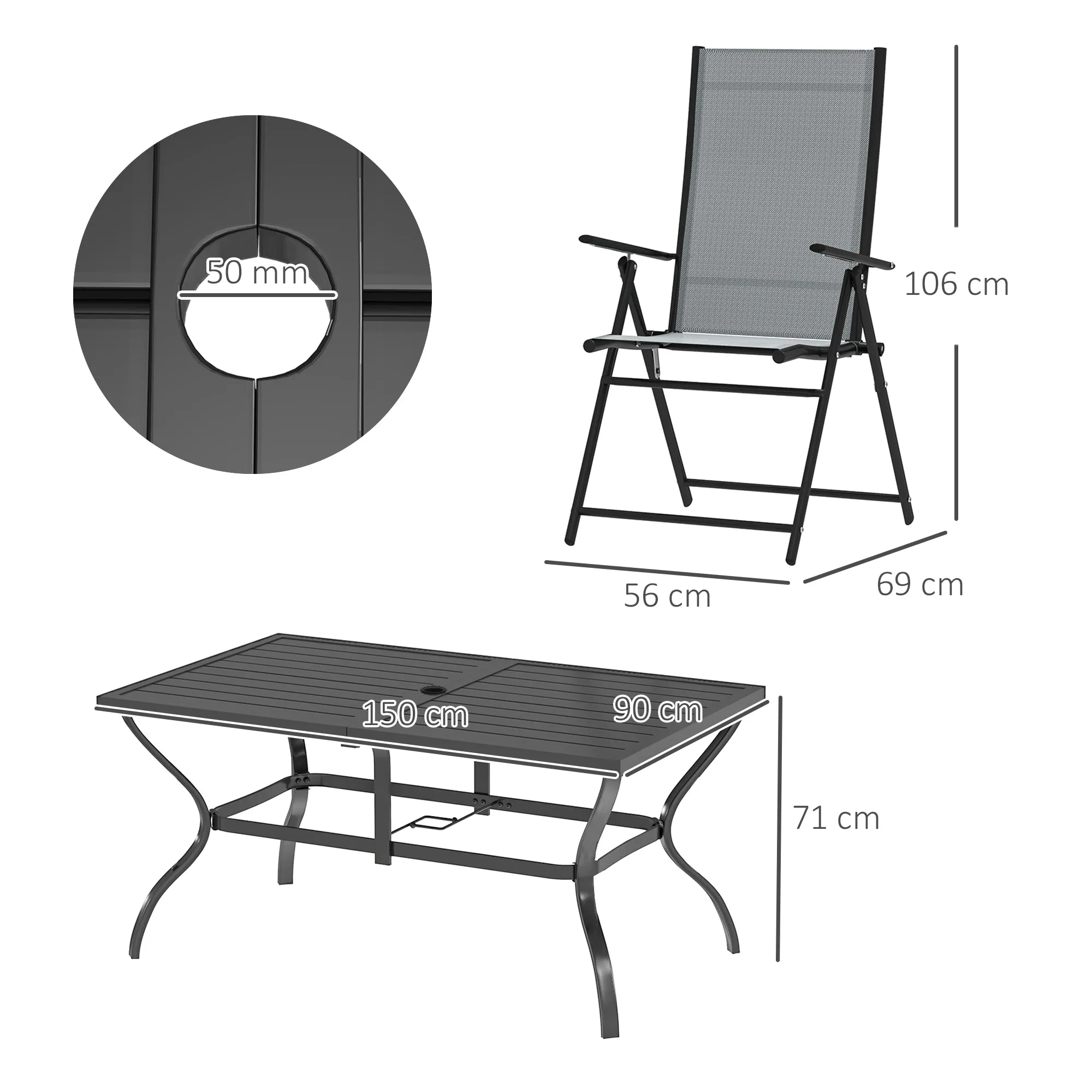 7-Piece Garden Set with Dining Table with Umbrella Hole and 6 Folding Chairs, Gray - Image 3