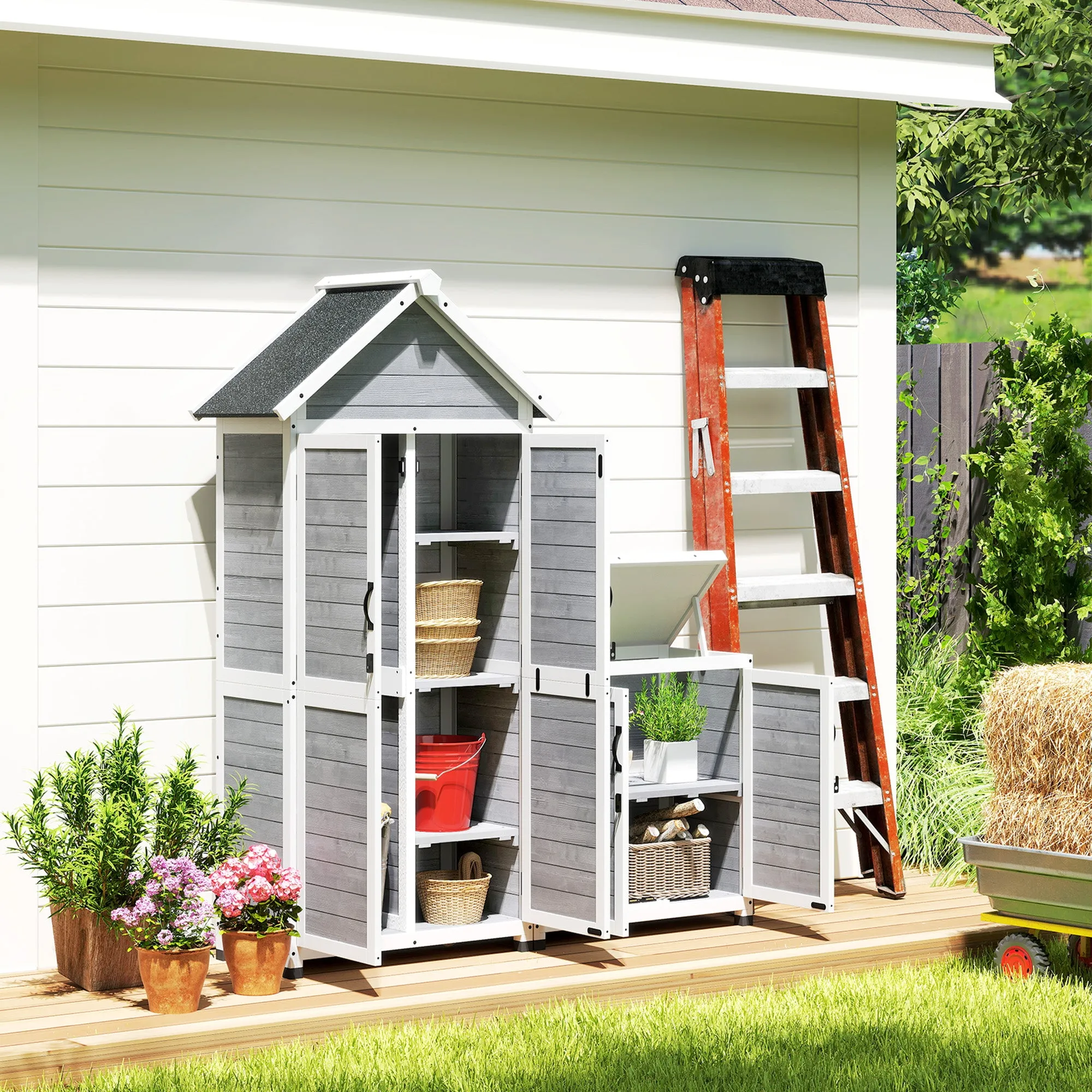 Garden Shed and Outdoor Cabinet with Wooden Opening Roof, Locking Doors, Light Grey - Image 2